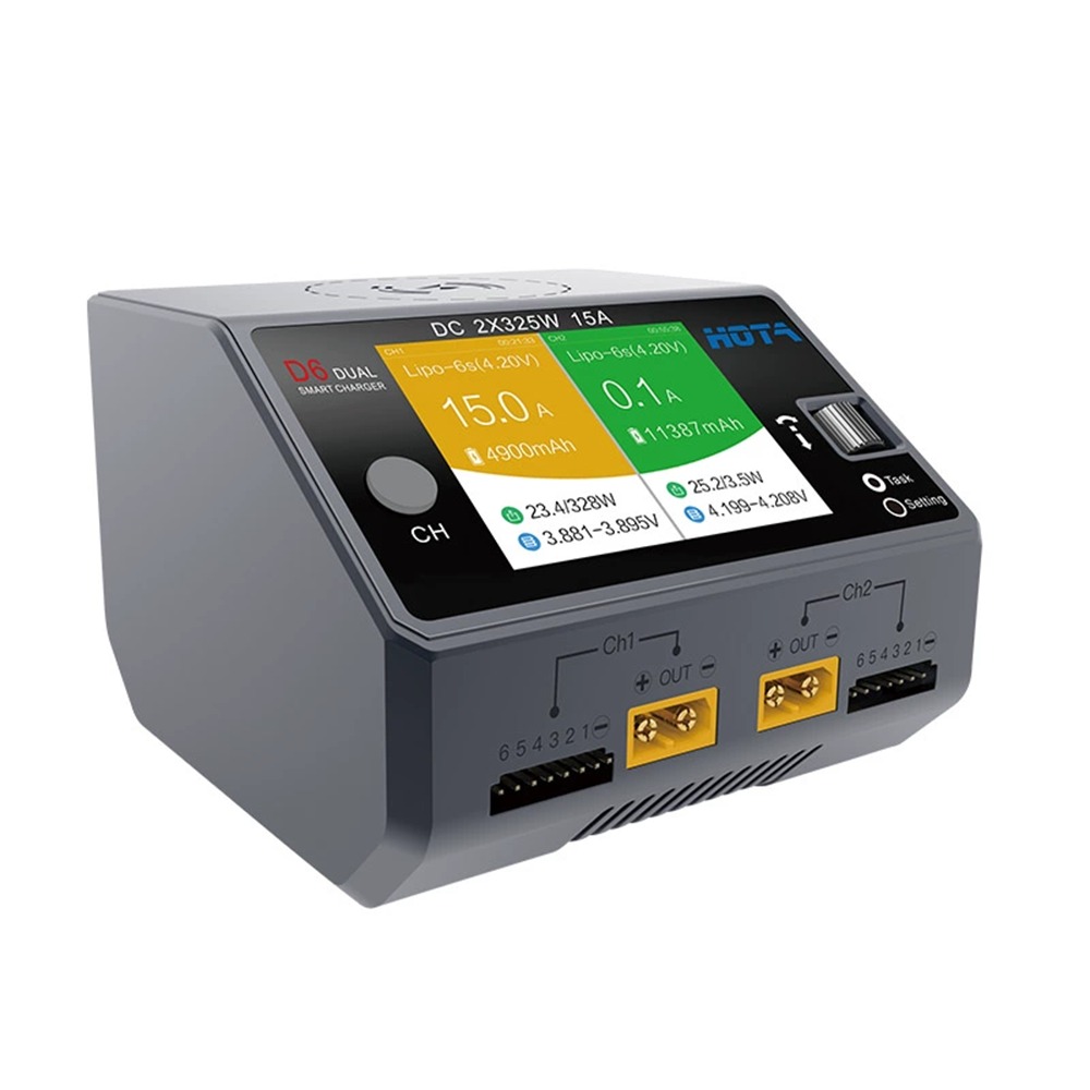 HOTA D6 Dual Smart Charger DC650W 15A Maximum current 1600mA Built-in Micro USB for 1-6S Lipo LiHV/NiZn/Nicd/NiMH Battery-HPXGRC