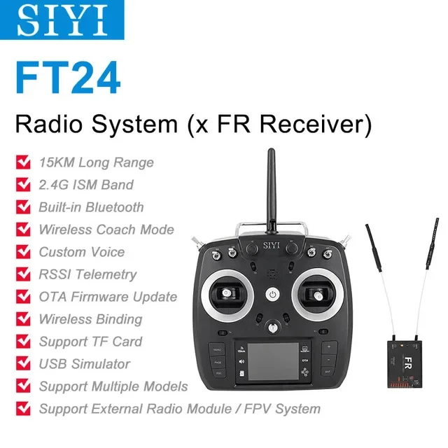 SIYI FT24 2.4GHz 12CH 15KM Long Range Transmitter with FR/FR Mini OTA Receiver for External R9M/TBS Multi-protocol RF System-HPXGRC
