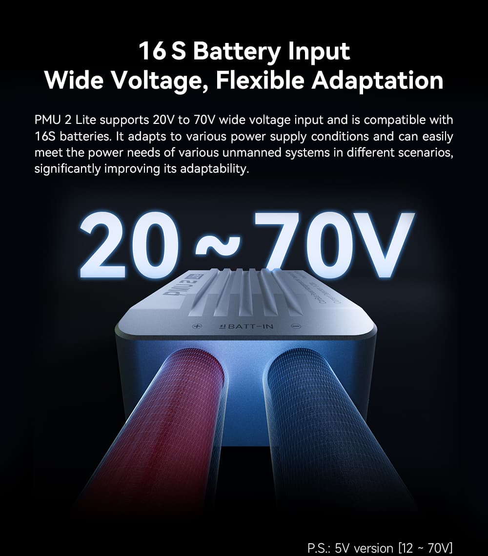 CUAV PMU 2 Lite Power Module Feature: 16S Battery Input Wide Voltage, Flexible Adaptation.