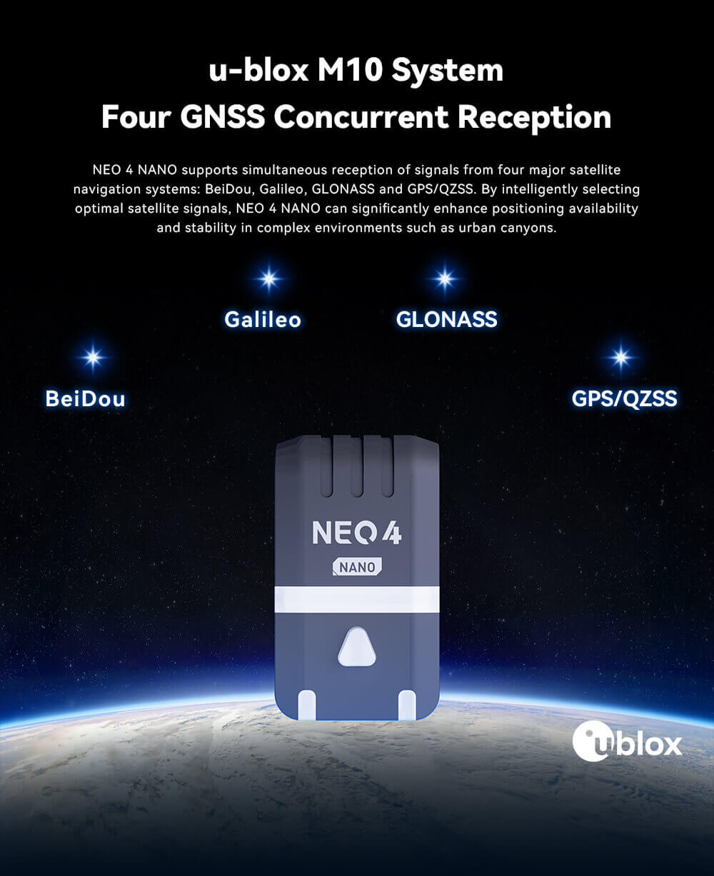 NEO 4 Nano GNSS Module Feature: u-blox M10 SystemFour GNSS Concurrent Reception