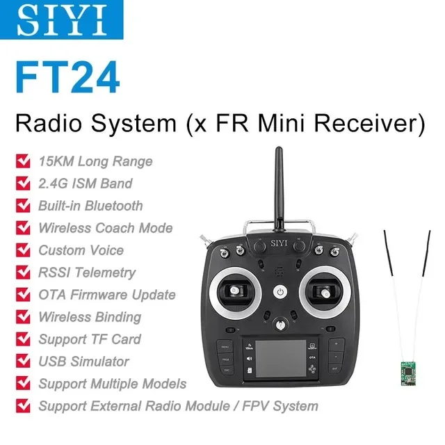 SIYI FT24 2.4GHz 12CH 15KM Long Range Transmitter with FR/FR Mini OTA Receiver for External R9M/TBS Multi-protocol RF System-HPXGRC