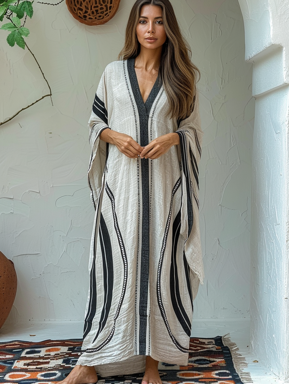 Helia Linen Blend Unique Print Drawstring Waist Kaftan Maxi Dress