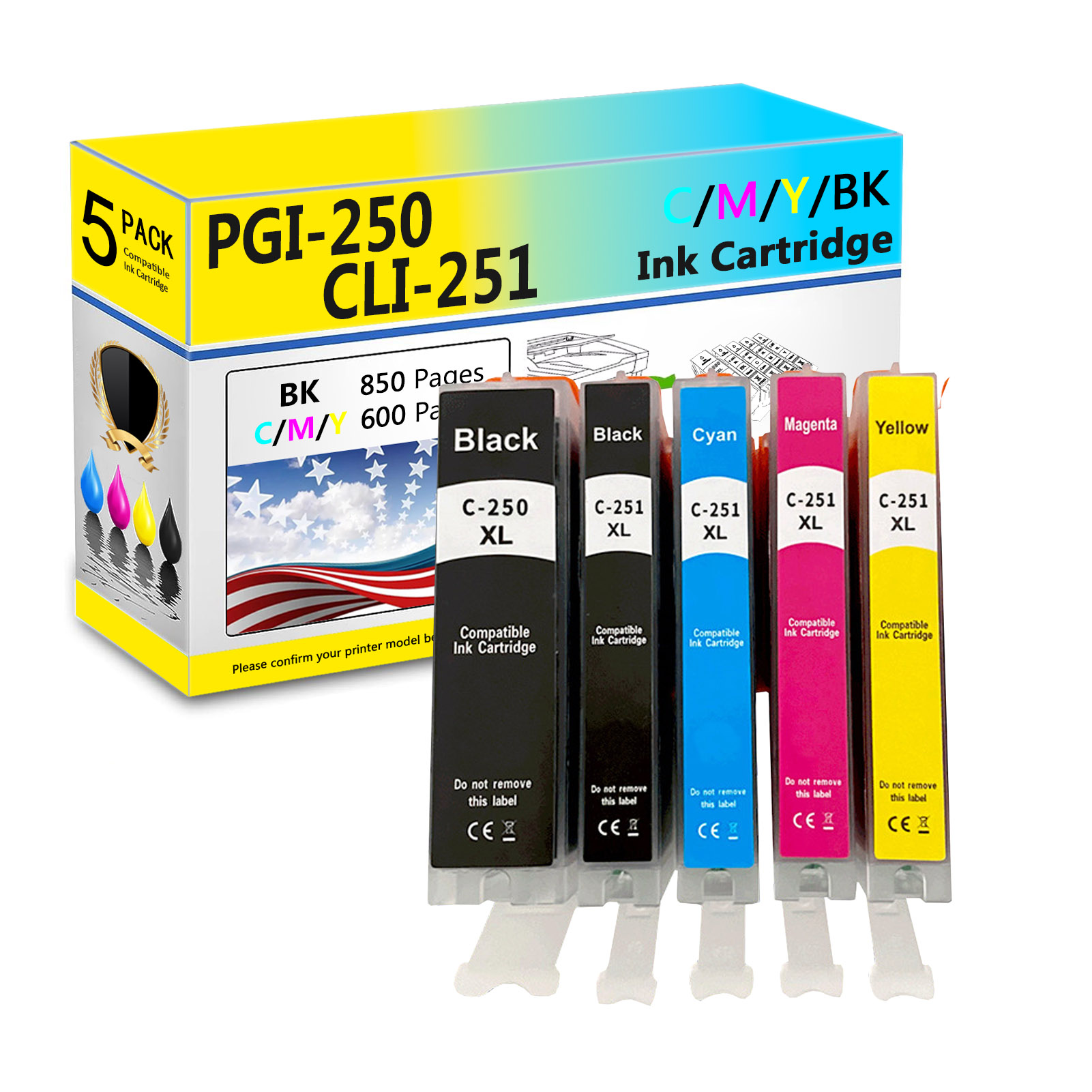 For Canon PGI-250XL CLI-251XL Ink Cartridges Work for Canon Pixma MG5420 MG5422 MG5500 MG5520 MG5522 MG5620 MG5622 MG6320 MG6420 MG6620 MG7120 MG7520 MX722 MX920 MX922 IP7220 IP8720 IX6820 Printers-PrintsBoost