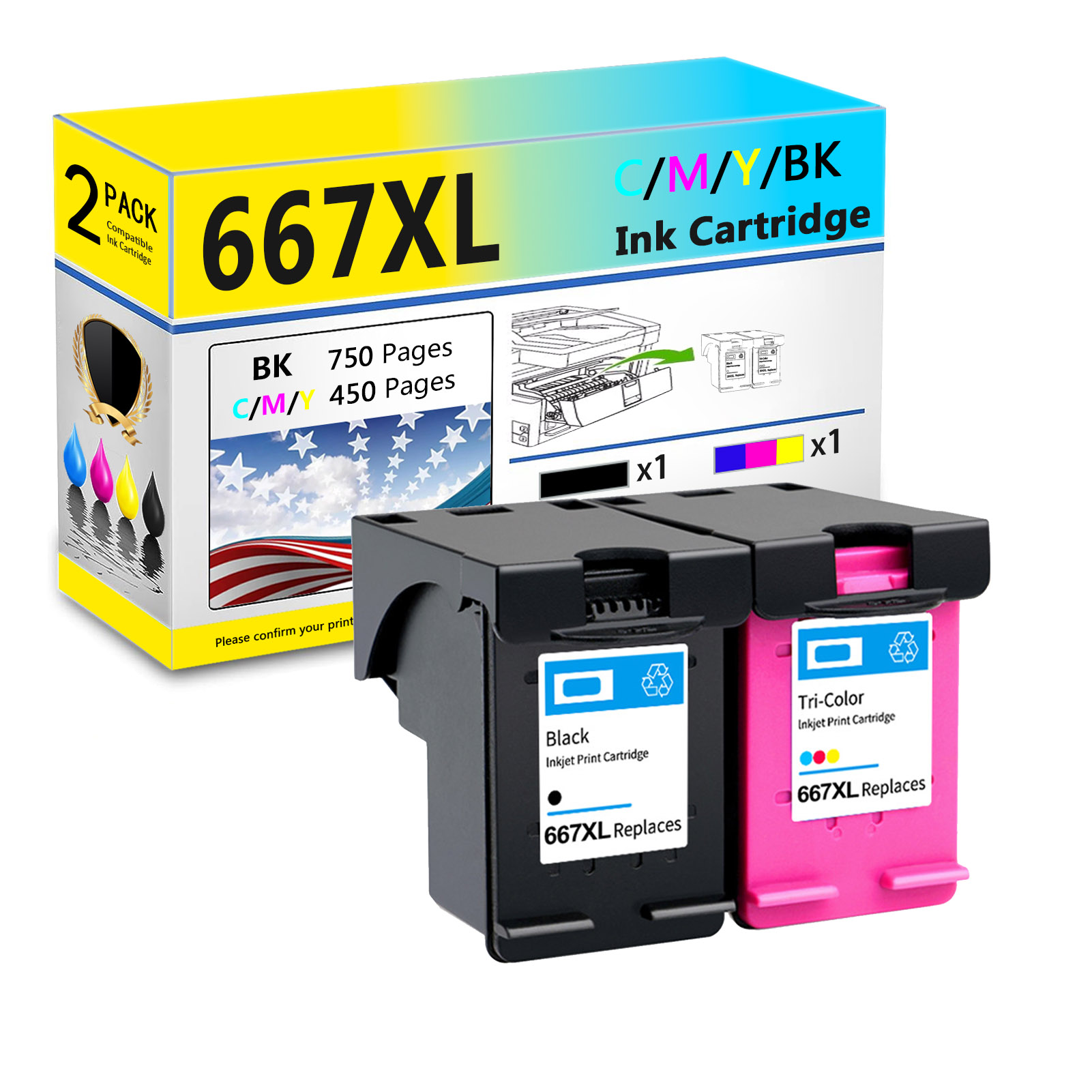 For HP 667XL Ink Cartridge Work For HP DeskJet Plus 4175 4178 6078 6478 1216 2336 2775 2776 2777 2778 2779 Printers-PrintsBoost