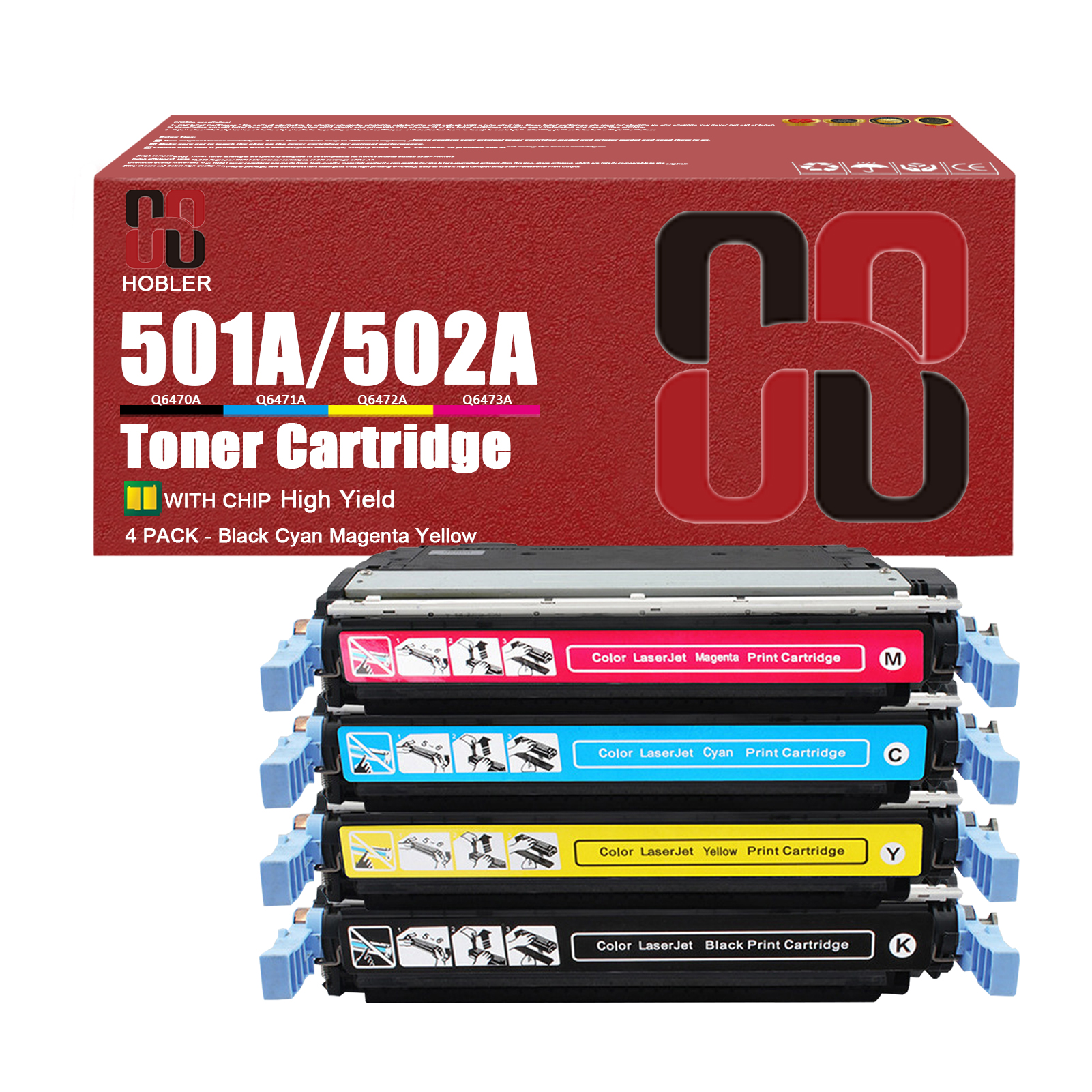 For HP 501A 502A Q6470A Q6471A Q6473A Q6472A Toner Cartridge Work for HP 3600 3600n 3600dn 3800 3800n 3800dtn CP3505 CP3505n Printers, Black │Q6470A, Cyan │Q6471A, Magenta │Q6473A, Yellow │Q6472A-PrintsBoost