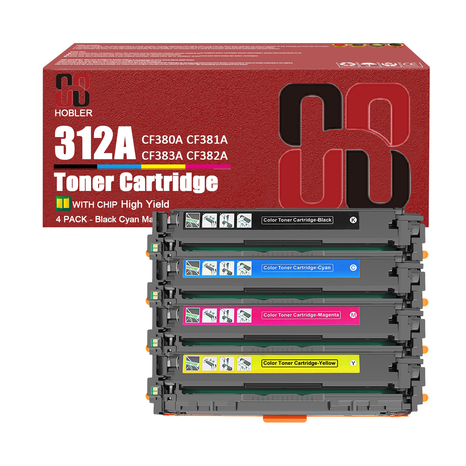 For HP 312A CF380A CF381A CF383A CF382A Toner cartridge Work for HP Laserjet Pro MFP M476dn M476dw M476nw Printers, Black │CF380A, Cyan │CF381A, Magenta │CF383A, Yellow │CF382A-PrintsBoost