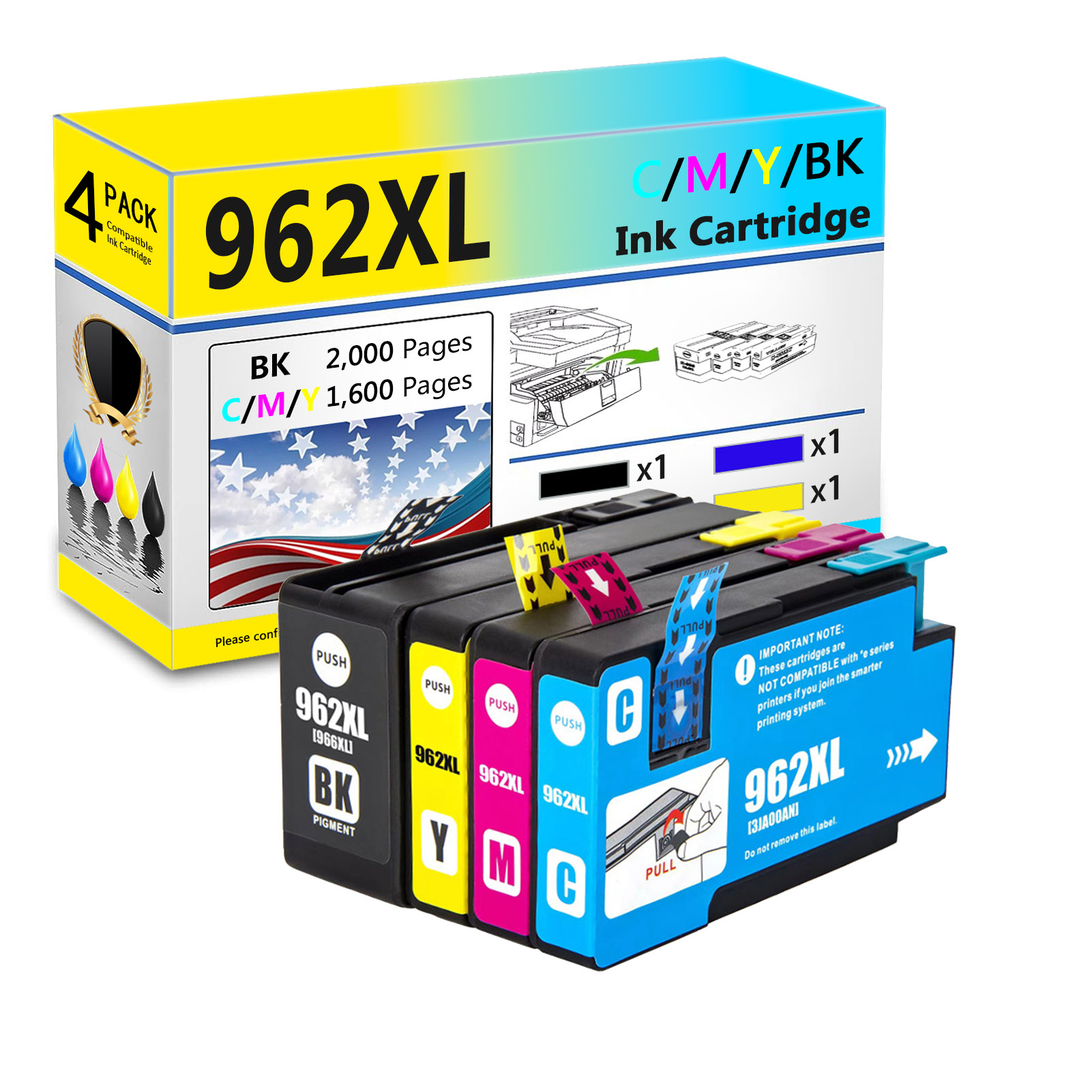 For HP 962XL Ink Cartridge Work For HP OfficeJet Pro 9010 9015 9016 9018 9019 9020 9025 Officejet 9012 Printers-PrintsBoost