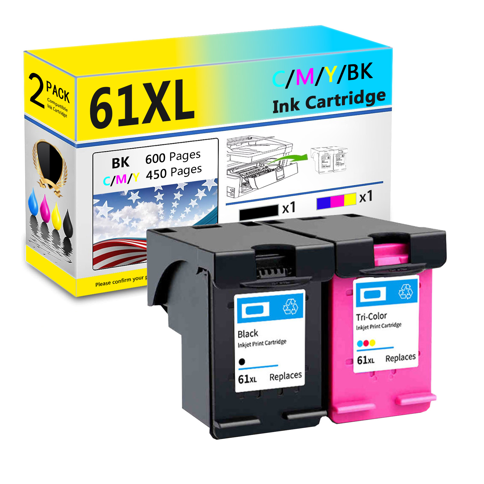 For HP 61XL Ink Cartridge Work For HP Envy 4500 4502 5530 5534, Officejet 4630 4635, Deskjet 1000 1010 1510 Printers-PrintsBoost