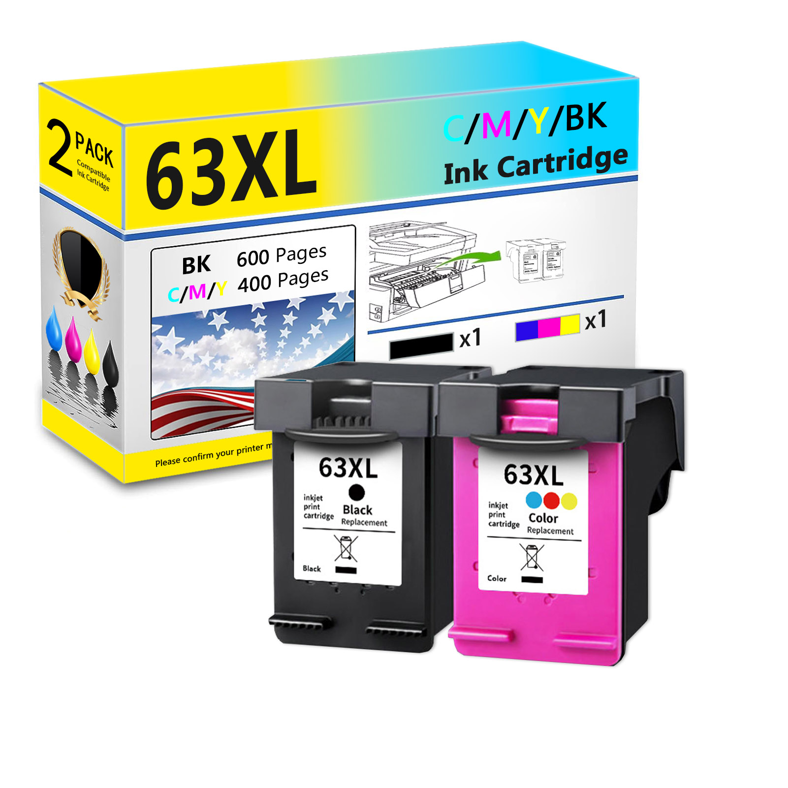 For HP 63XL Ink Cartridge Work For HP DeskJet 1111 2130 2131 3630 3632 OfficeJet 3830 3831 3832 4650 ENVY 4520 4524 4525 Printers-PrintsBoost