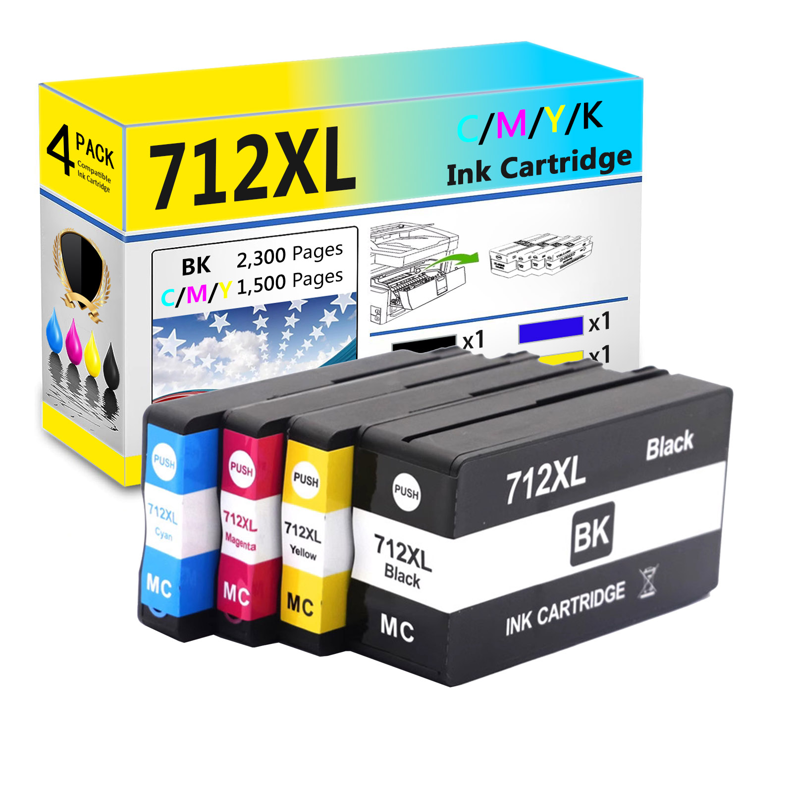 For HP 712XL Ink Cartridge Work For HP DesignJet T210 T230 T250 T630 T650 Printers