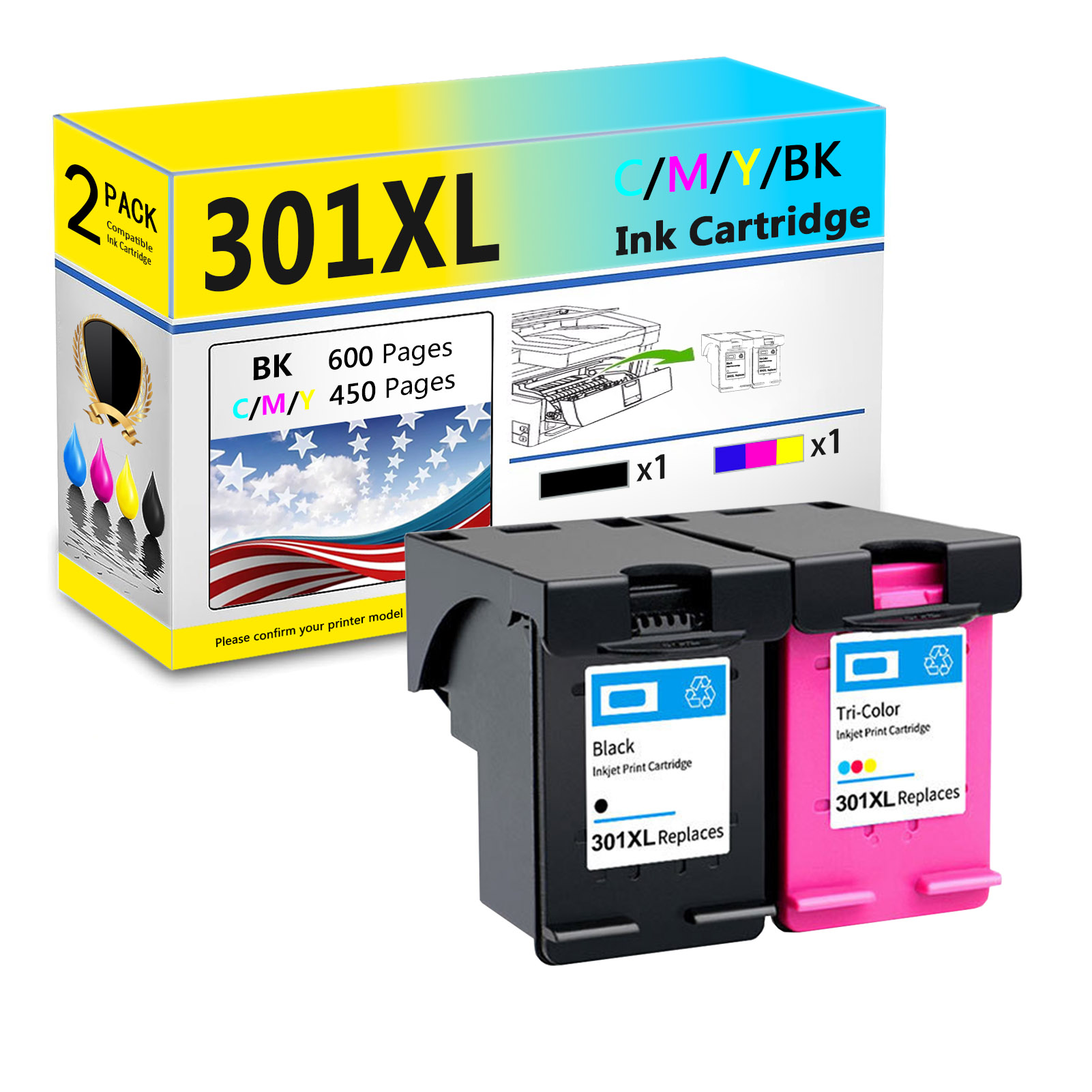 For HP 301XL Ink Cartridge Work For HP Deskjet 1000 1010 1011 1012 1015 1050 OfficeJet 2620 2621 2622 ENVY 4500 4501 4502 Printers-PrintsBoost