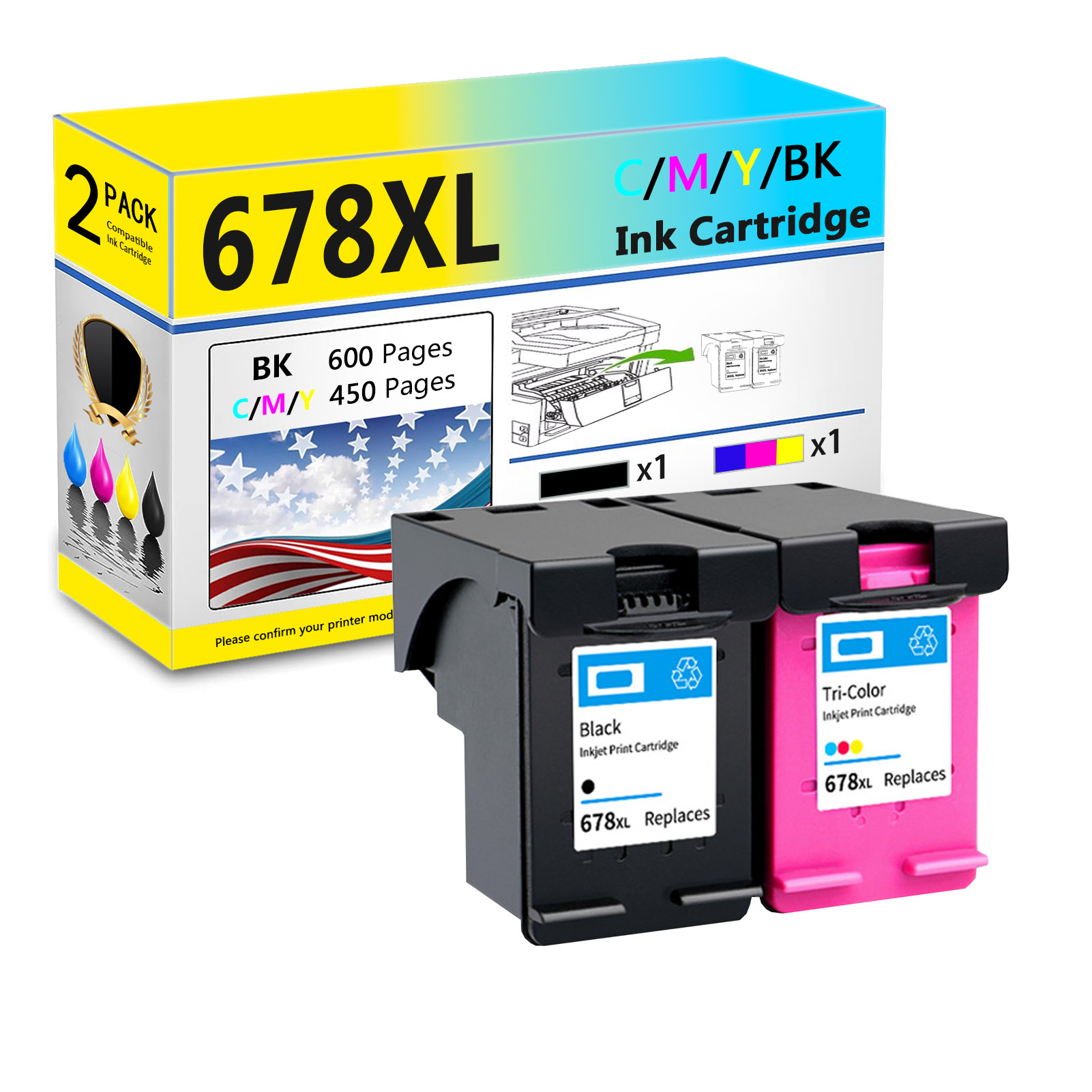 For HP 678XL Ink Cartridge Work For HP Deskjet 1014 1015 1016 1018 1515 1516 1518 2510 2515 2516 2545 2546 2548 2645 2646 Printers-PrintsBoost