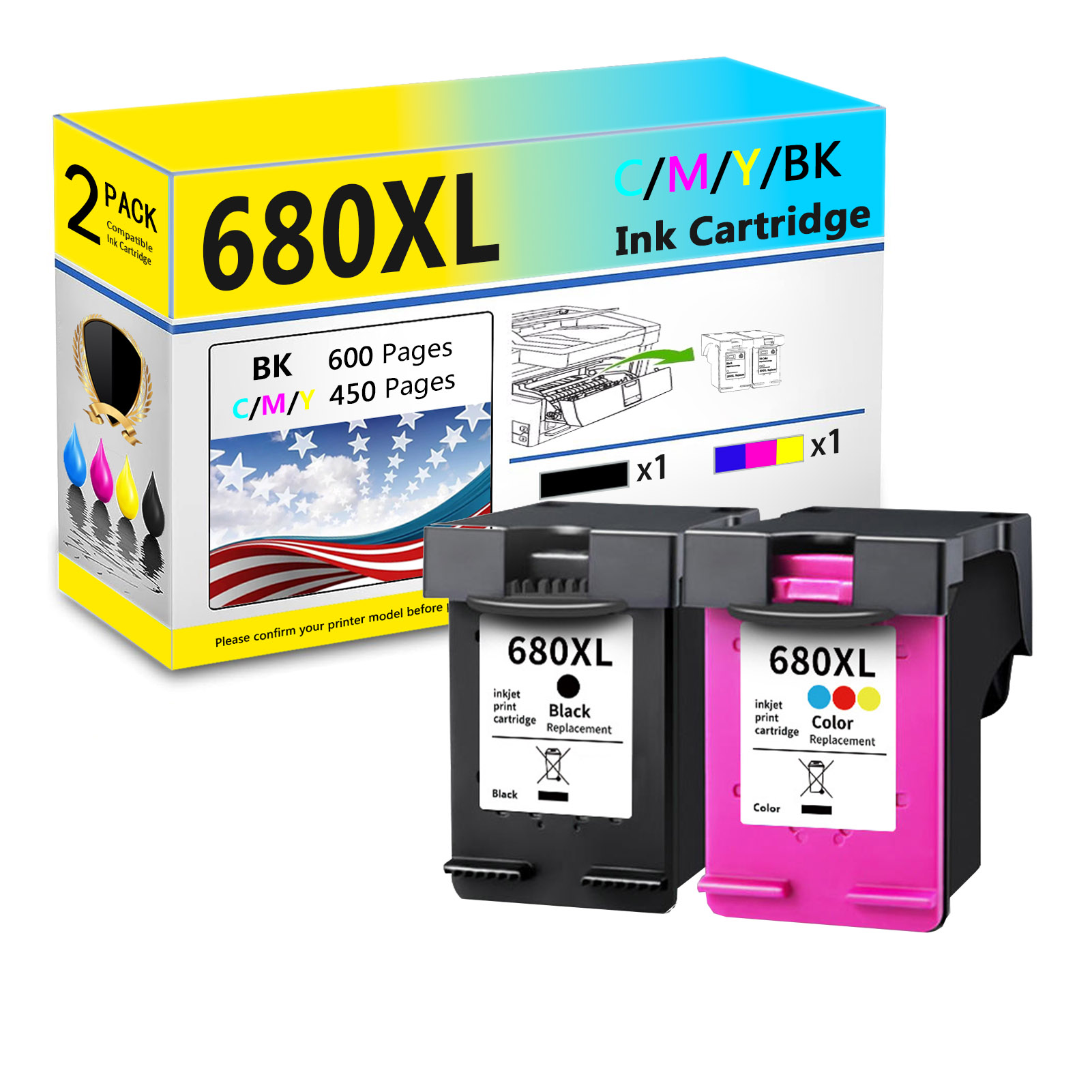 For HP 680XL Ink Cartridge Work For HP Deskjet 1115 1118 2135 2138 2675 2676 2677 2678 3635 3636 3638 3775 3776 3778 3779 Printers-PrintsBoost