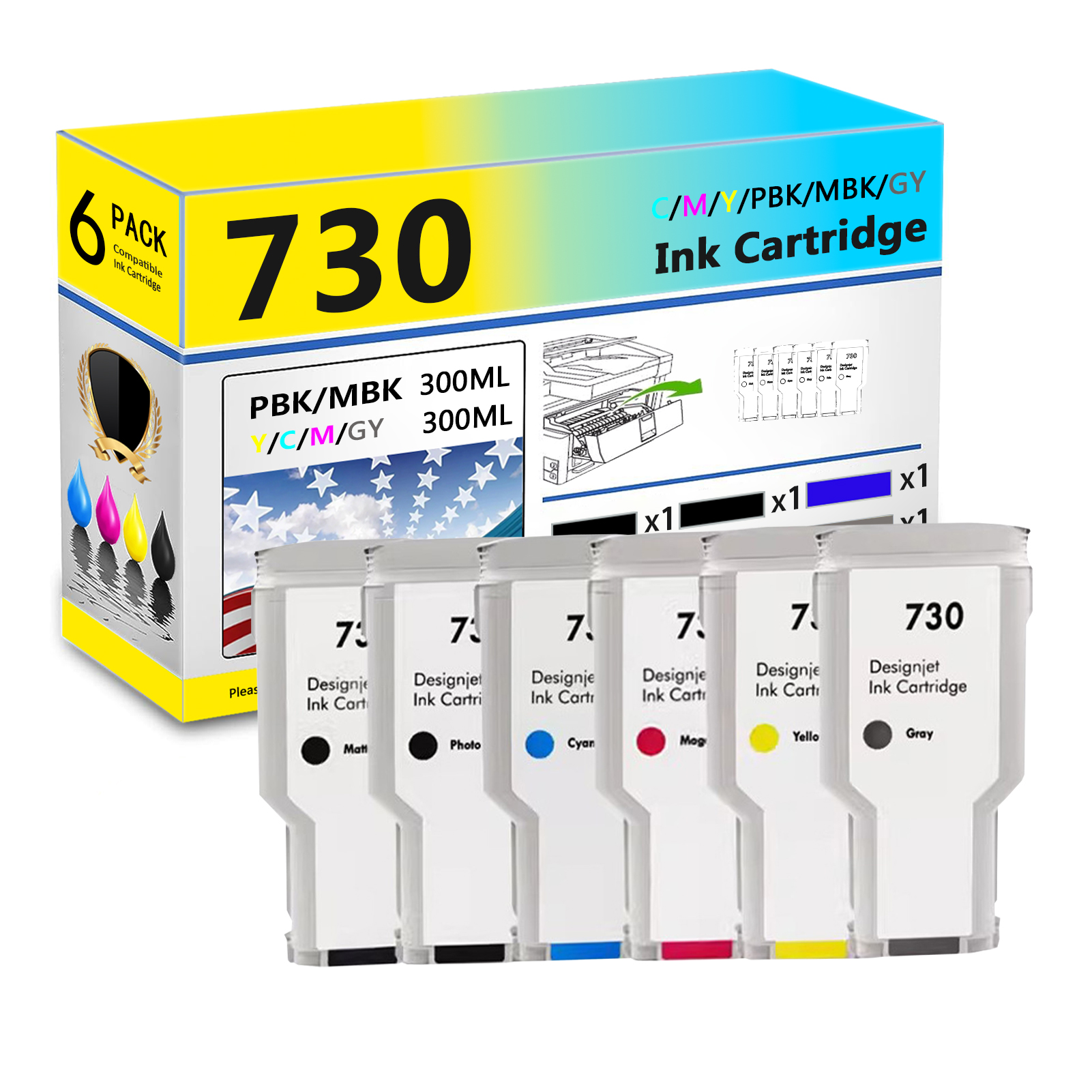 For HP 730 P2V68A P2V69A P2V70A P2V71A P2V72A P2V73A Ink Cartridge Work For HP DesignJet T1600 T1700 T2600 Printers-PrintsBoost