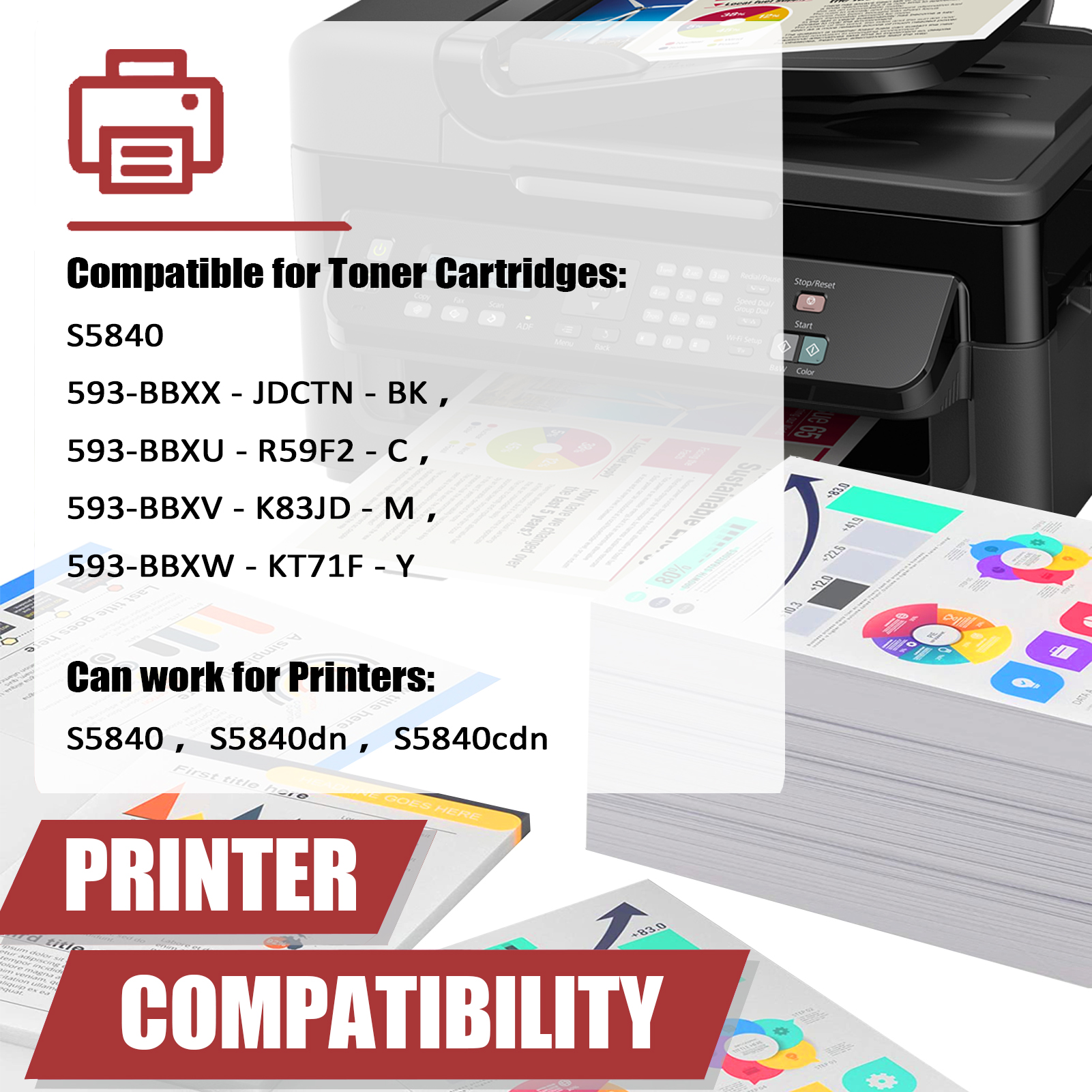 For Dell S5840 Toner Cartridge Work for Dell S5840dn S5840cdn Printers,  Black │JDCTN, Cyan │R59F2, Magenta │K83JD, Yellow │KT71F-PrintsBoost