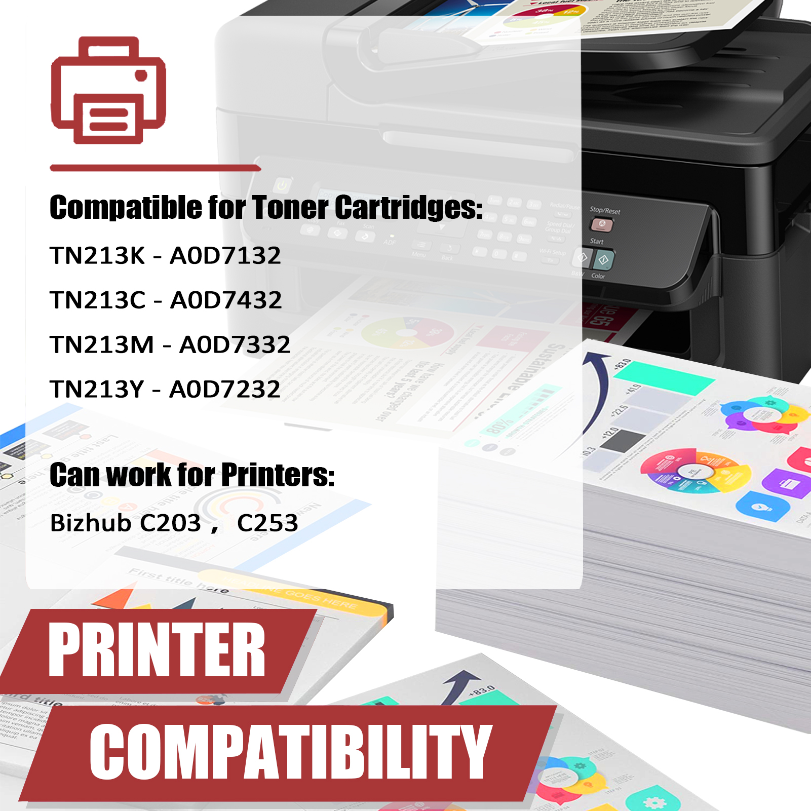 For Konica Minolta TN213 TN-213 Toner Cartridge Work for Bizhub C203 C253 Printers, Black │A0D7132, Cyan │A0D7432, Magenta │A0D7332, Yellow │A0D7232-PrintsBoost