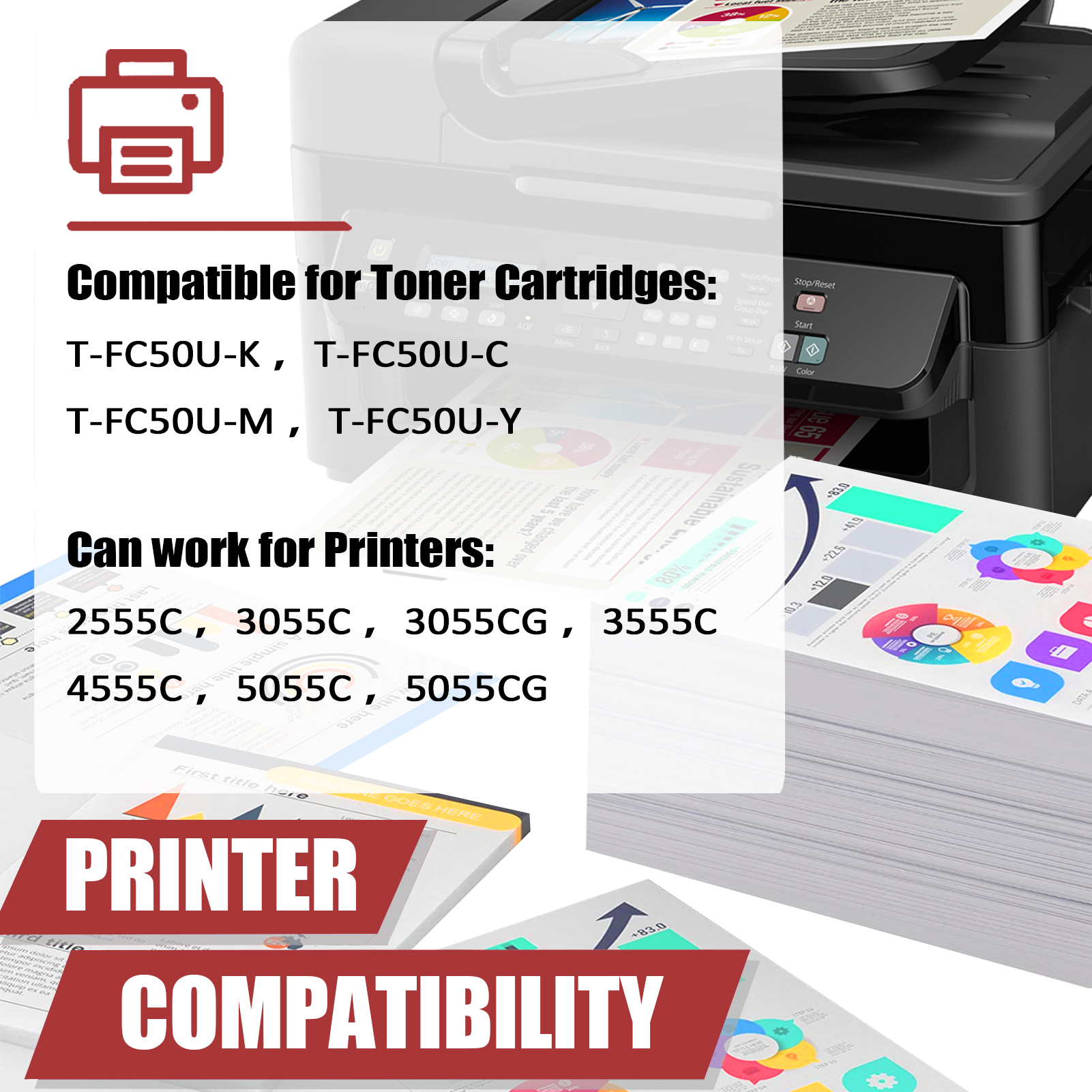 For Toshiba T-FC50U-K T-FC50U-C T-FC50U-M T-FC50U-Y Toner Cartridge Work for Toshiba E-Studio 2555C 3055C 3555C 4555C Printers-PrintsBoost