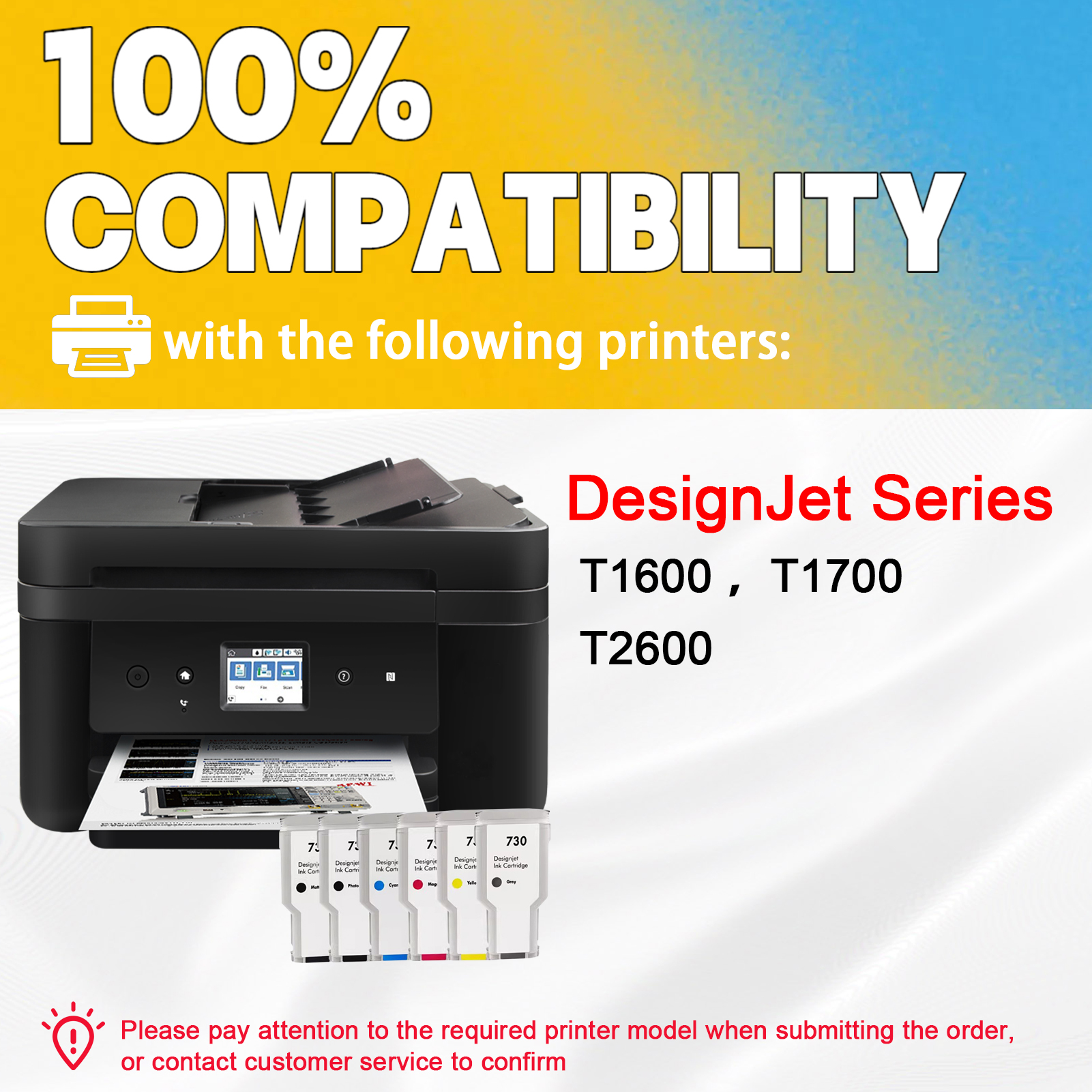 For HP 730 P2V68A P2V69A P2V70A P2V71A P2V72A P2V73A Ink Cartridge Work For HP DesignJet T1600 T1700 T2600 Printers-PrintsBoost