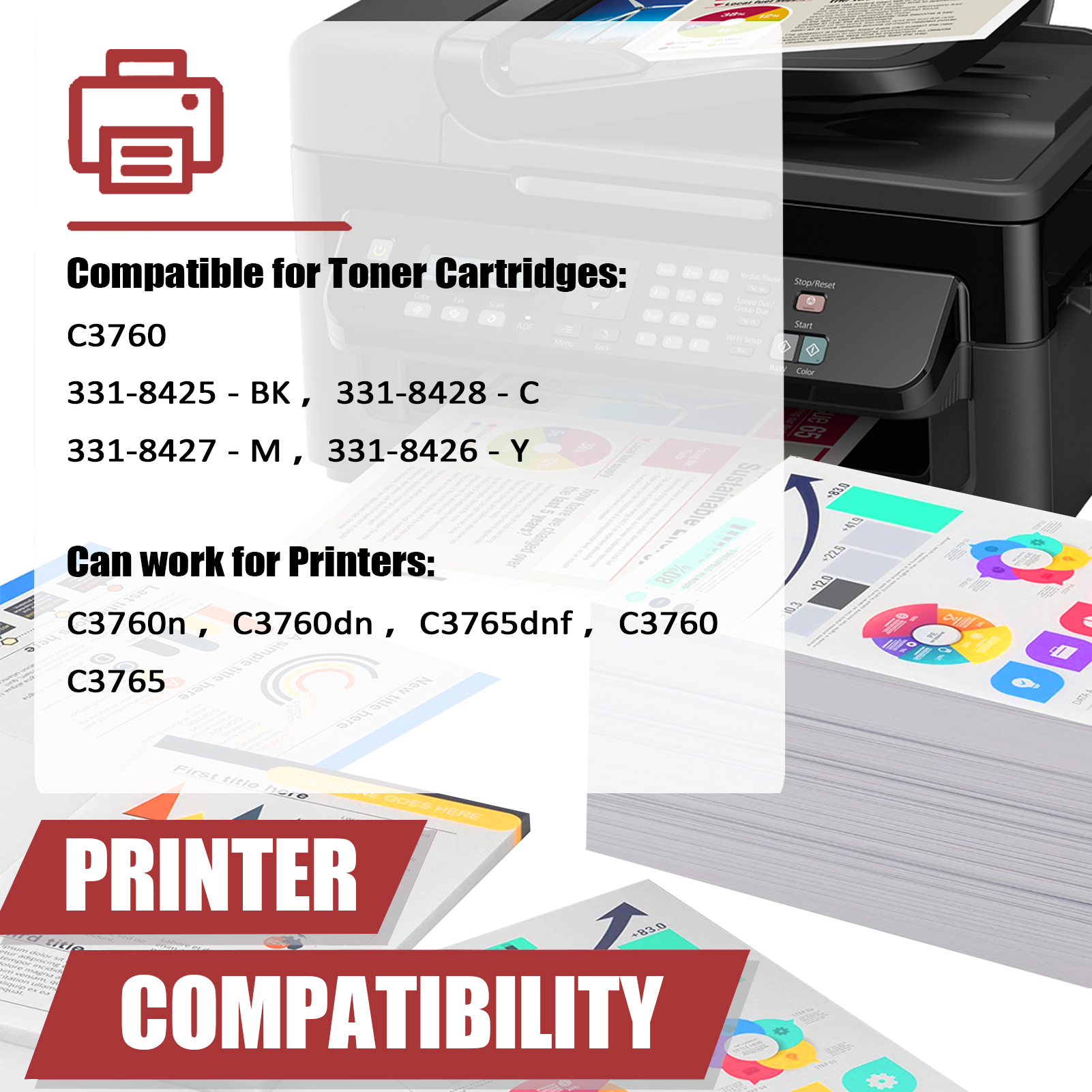 For Dell 331-8425 331-8428 331-8427 331-8426 Toner Cartridge Work for Dell C3760n C3760dn C3765dnf C3760 C3765 Printers-PrintsBoost