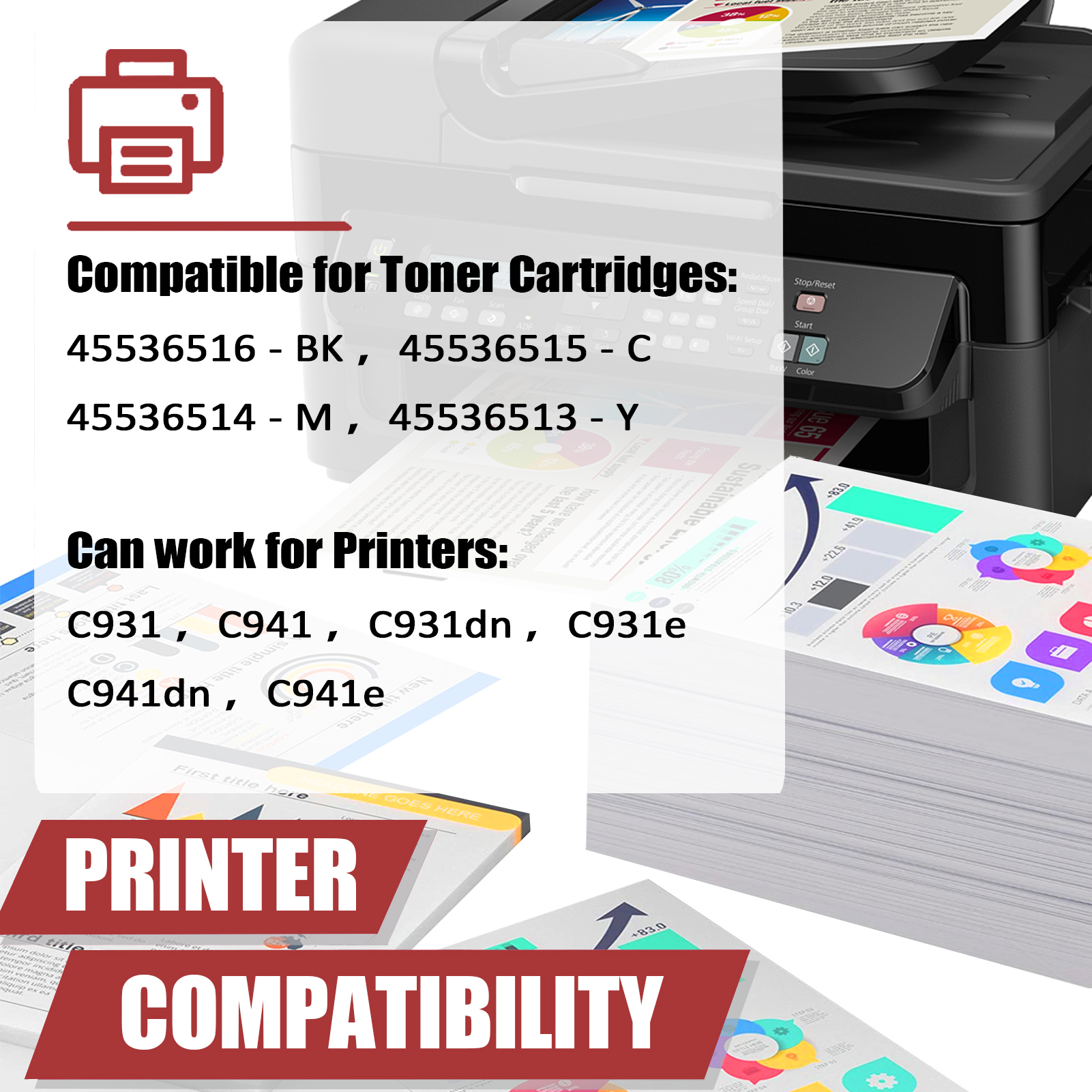 For OKI 45536516 45536515 45536514 45536513 Toner Cartridge Work for OKI C931dn C931e C941dn C941e C931 C941 Printers-PrintsBoost