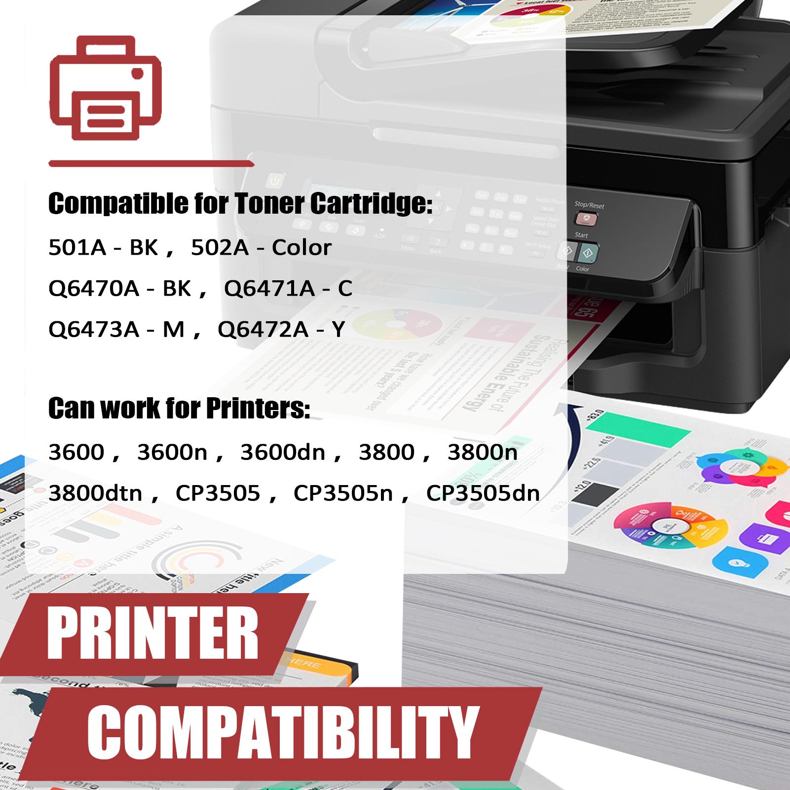 For HP 501A 502A Q6470A Q6471A Q6473A Q6472A Toner Cartridge Work for HP 3600 3600n 3600dn 3800 3800n 3800dtn CP3505 CP3505n Printers, Black │Q6470A, Cyan │Q6471A, Magenta │Q6473A, Yellow │Q6472A-PrintsBoost