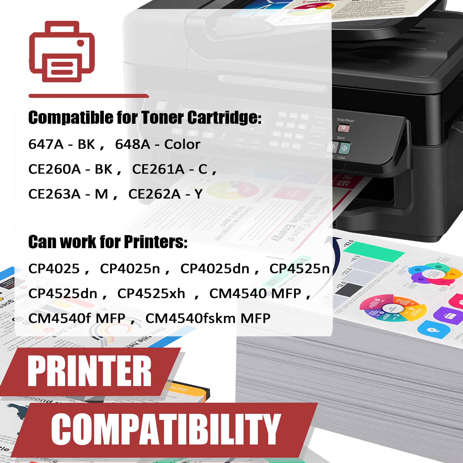 For HP 647A 648A CE260A CE261A CE262A CE263A Toner Cartridge Work for HP Enterprise CP4025 CP4025n CP4025dn CP4525n CP4525dn CP4525xh Printers, Black │CE260A, Cyan │CE261A, Magenta │CE263A, Yellow │CE262A-PrintsBoost