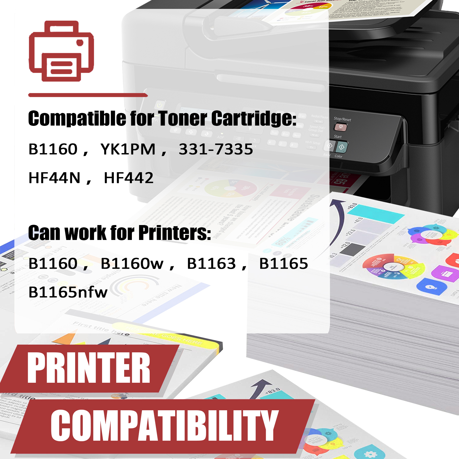 For Dell B1160 YK1PM 331-7335 HF44N HF442 Toner Cartridge Work for Dell B1160 B1160w B1163 B1165 B1165nfw Printers-PrintsBoost