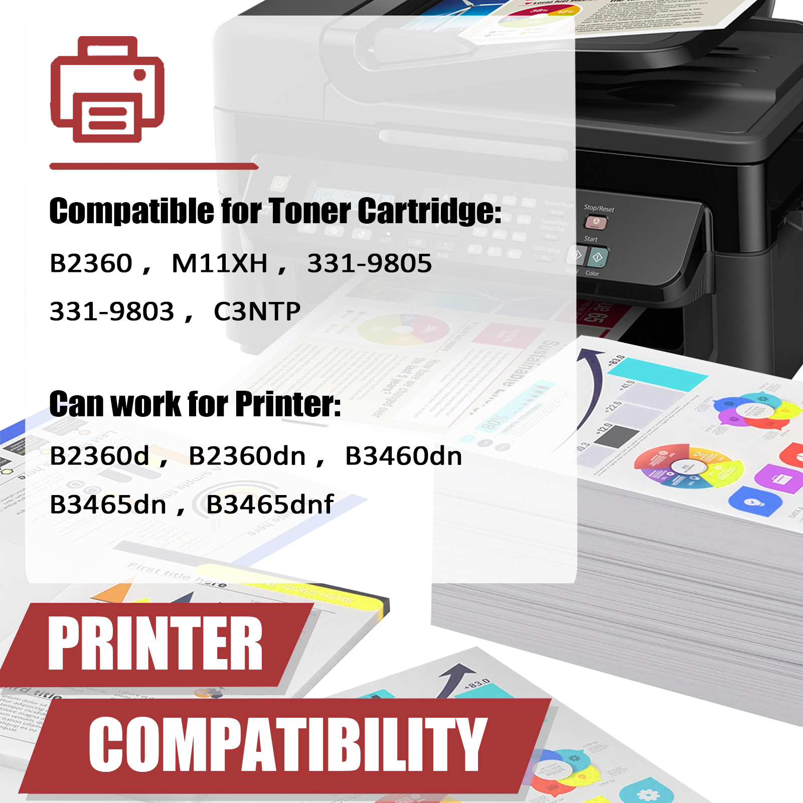 For Dell B2360 M11XH 331-9805 331-9803 C3NTP Toner Cartridge Work for Dell B2360d B2360dn B3460dn B3465dn B3465dnf Printers-PrintsBoost
