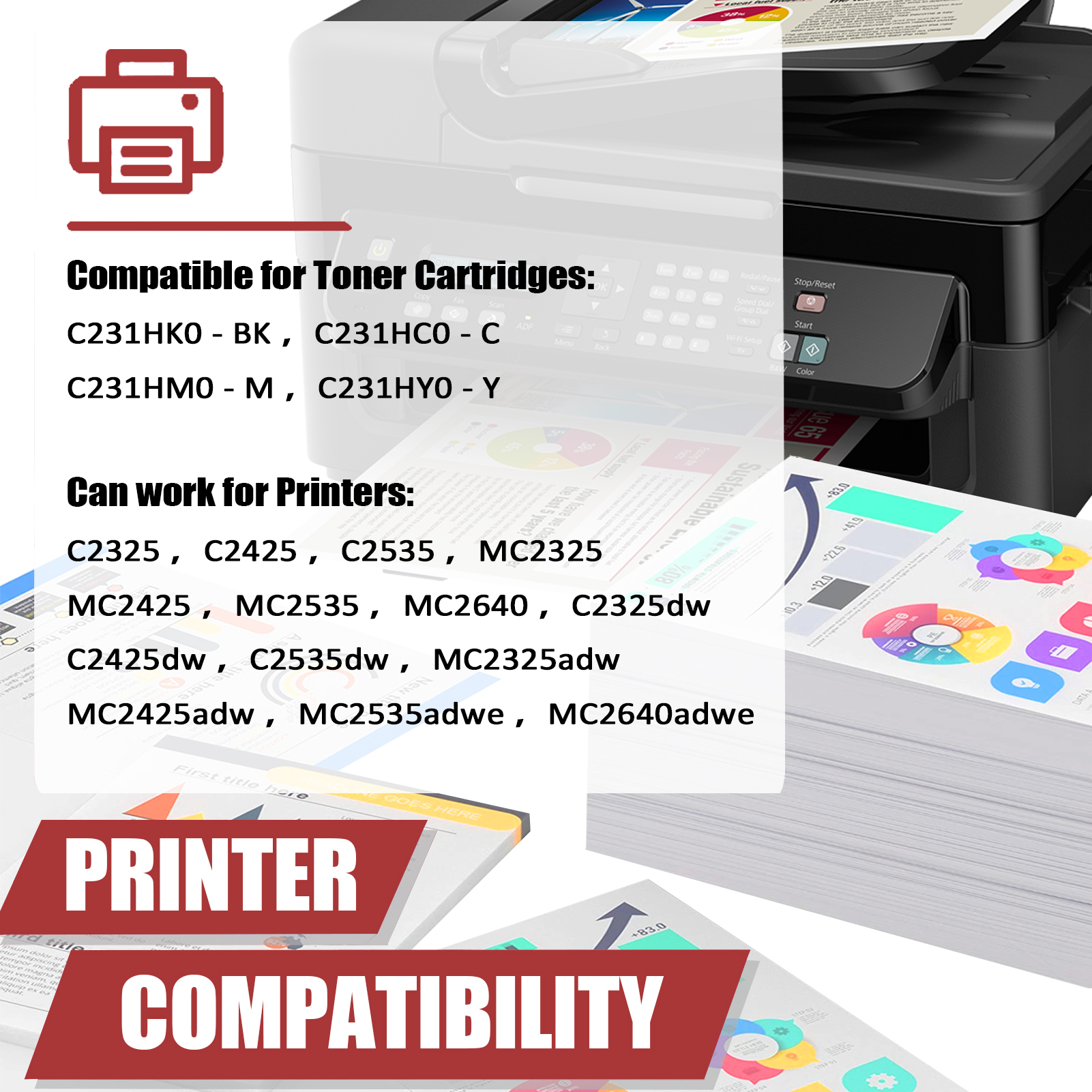 For Lexmark C231HK0 C231HC0 C231HM0 C231HY0 Toner Cartridge Work for Lexmark C2325 C2425 C2535 MC2325 MC2425 MC2535 MC2640 Printers-PrintsBoost