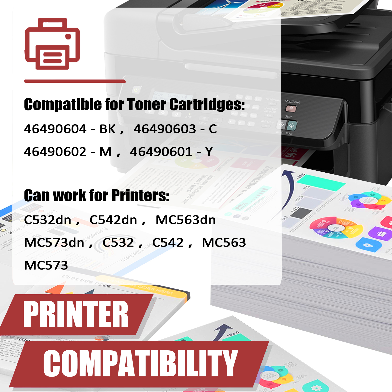 For OKI 46490604 46490603 46490602 46490601 Toner Cartridge Work for OKI C532dn C542dn MC563dn MC573dn C542 MC563 Printers-PrintsBoost