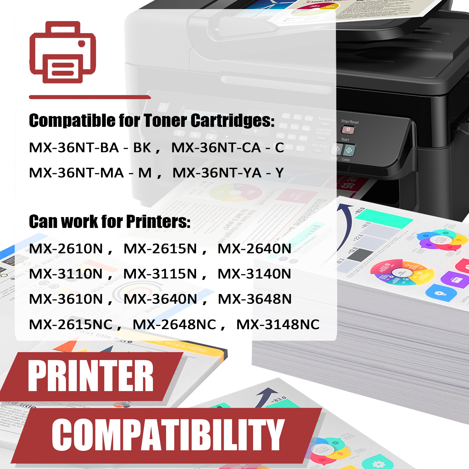 For Sharp MX-36NT MX-36NTBA MX-36NTCA MX-36NTMA MX-36NTYA Toner Cartridge Work for Sharp MX-2610N MX-2615N MX-2640N MX-3110N MX-3115N MX-3140N MX-3610N Printers-PrintsBoost