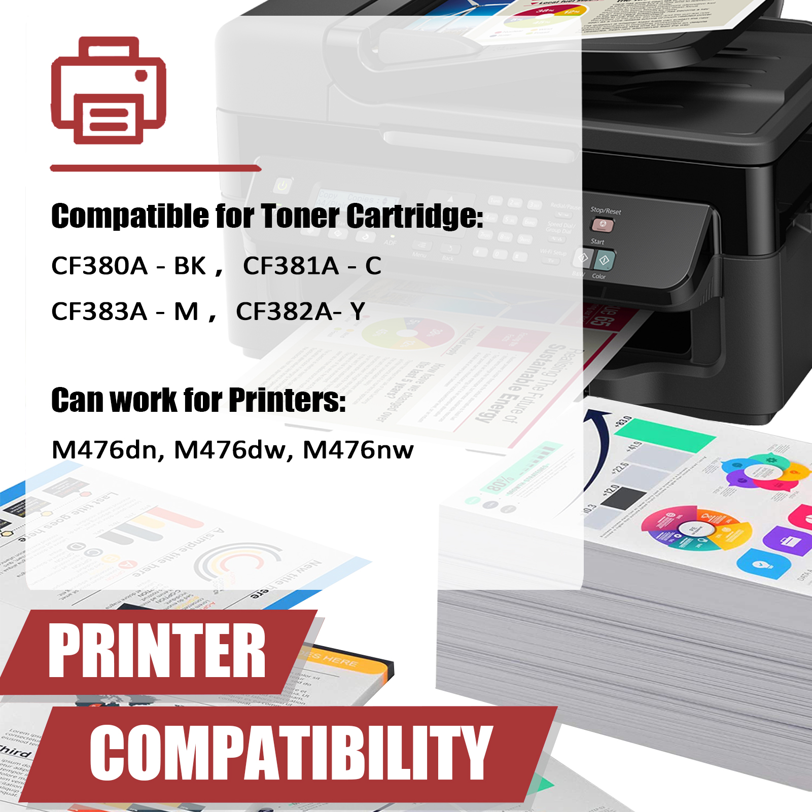 For HP 312A CF380A CF381A CF383A CF382A Toner cartridge Work for HP Laserjet Pro MFP M476dn M476dw M476nw Printers, Black │CF380A, Cyan │CF381A, Magenta │CF383A, Yellow │CF382A-PrintsBoost
