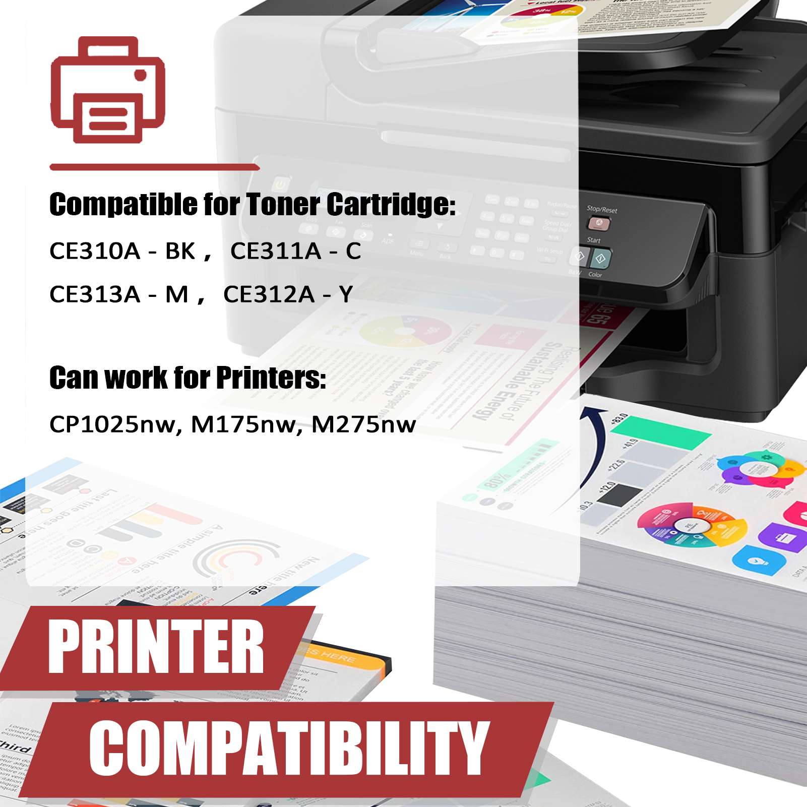 For HP 126A CE310A CE311A CE313A CE312A Toner cartridge Work for HP LaserJet Pro CP1025nw Color Printer, HP LaserJet Pro 100 color MFP M175nw, HP LaserJet Pro 200 M275nw Printers-PrintsBoost