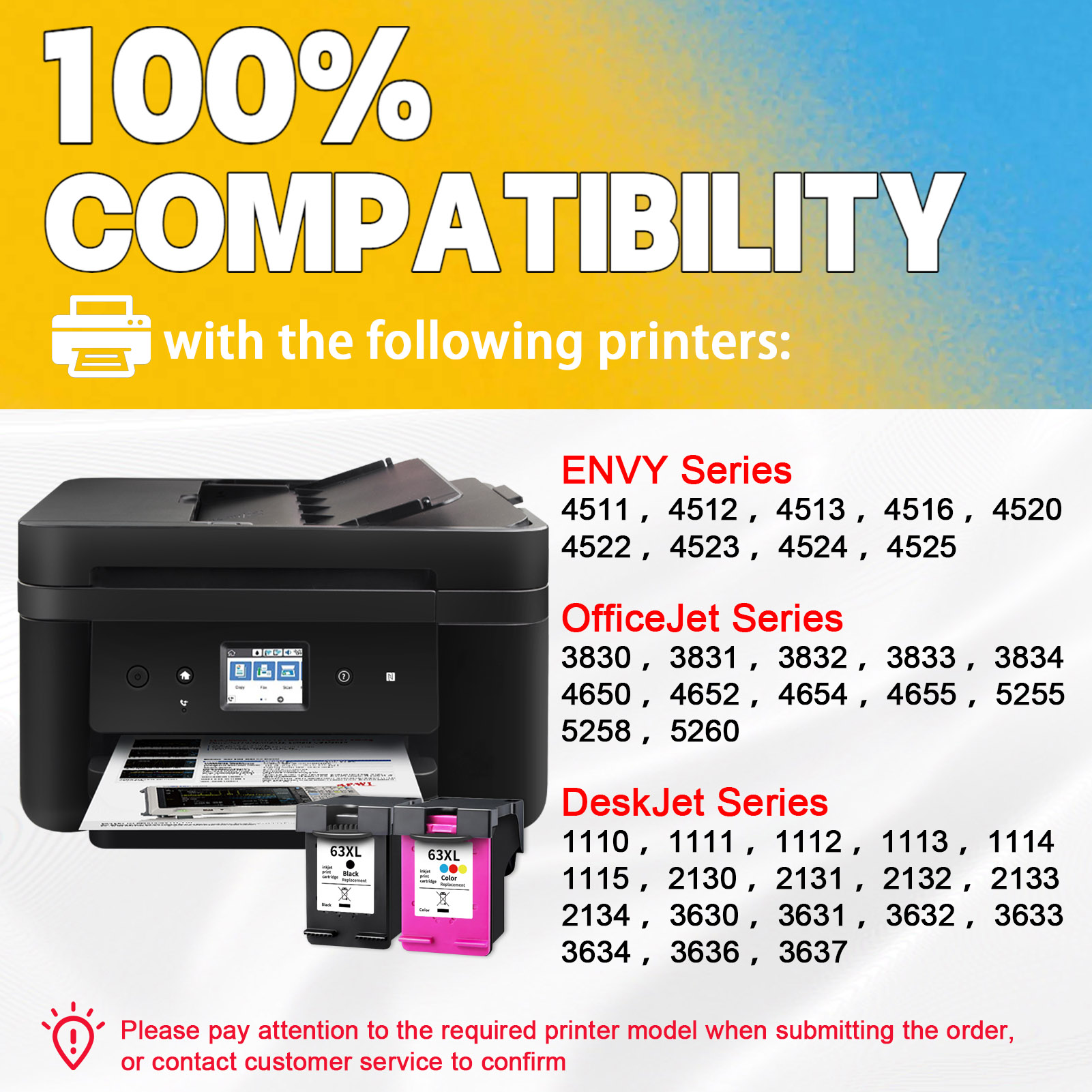 For HP 63XL Ink Cartridge Work For HP DeskJet 1111 2130 2131 3630 3632 OfficeJet 3830 3831 3832 4650 ENVY 4520 4524 4525 Printers-PrintsBoost