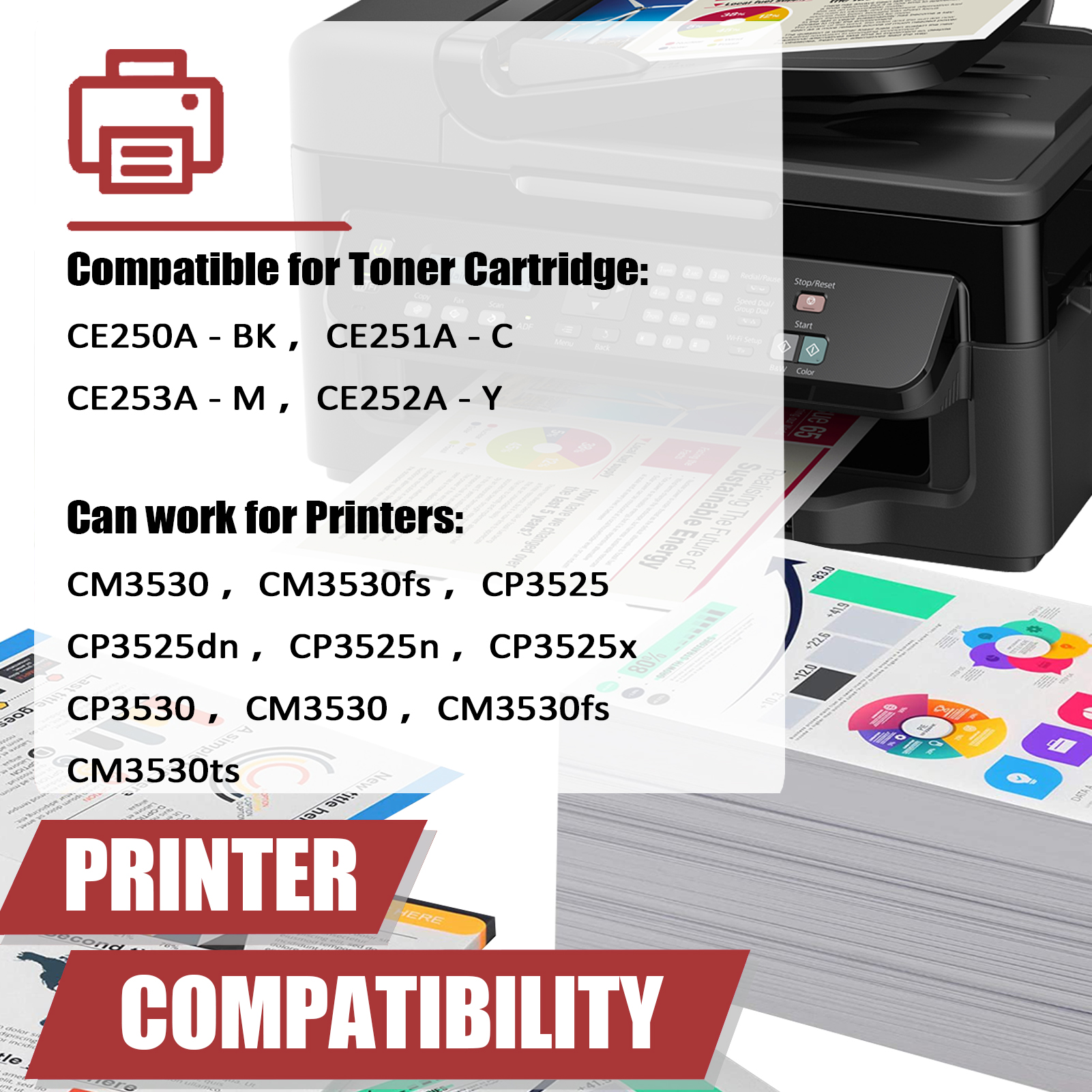For HP 504A CE250A CE251A CE253A CE252A Toner Cartridge Work for HP Color LaserJet CM3530 CM3530fs CP3525 CP3525dn CP3525n CP3525x CP3530 CM3530ts Printers-PrintsBoost