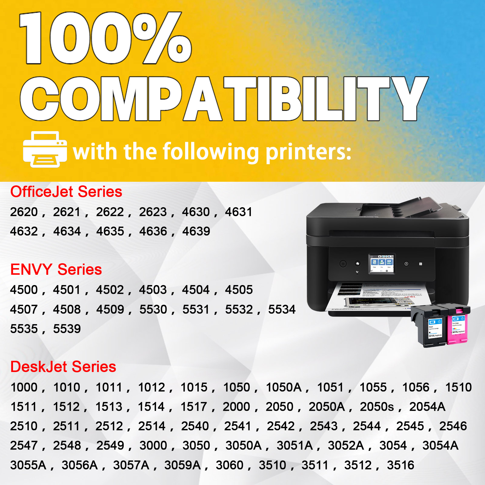 For HP 301XL Ink Cartridge Work For HP Deskjet 1000 1010 1011 1012 1015 1050 OfficeJet 2620 2621 2622 ENVY 4500 4501 4502 Printers-PrintsBoost