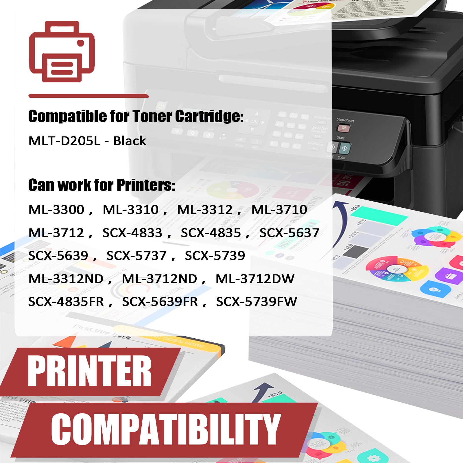 For Samsung MLT-D205L Toner Cartridge Work for Samsung ML-3300 ML-3310 3312 3710 3712 SCX-4833 4835 5637 5639 5737 5739 Printers-PrintsBoost
