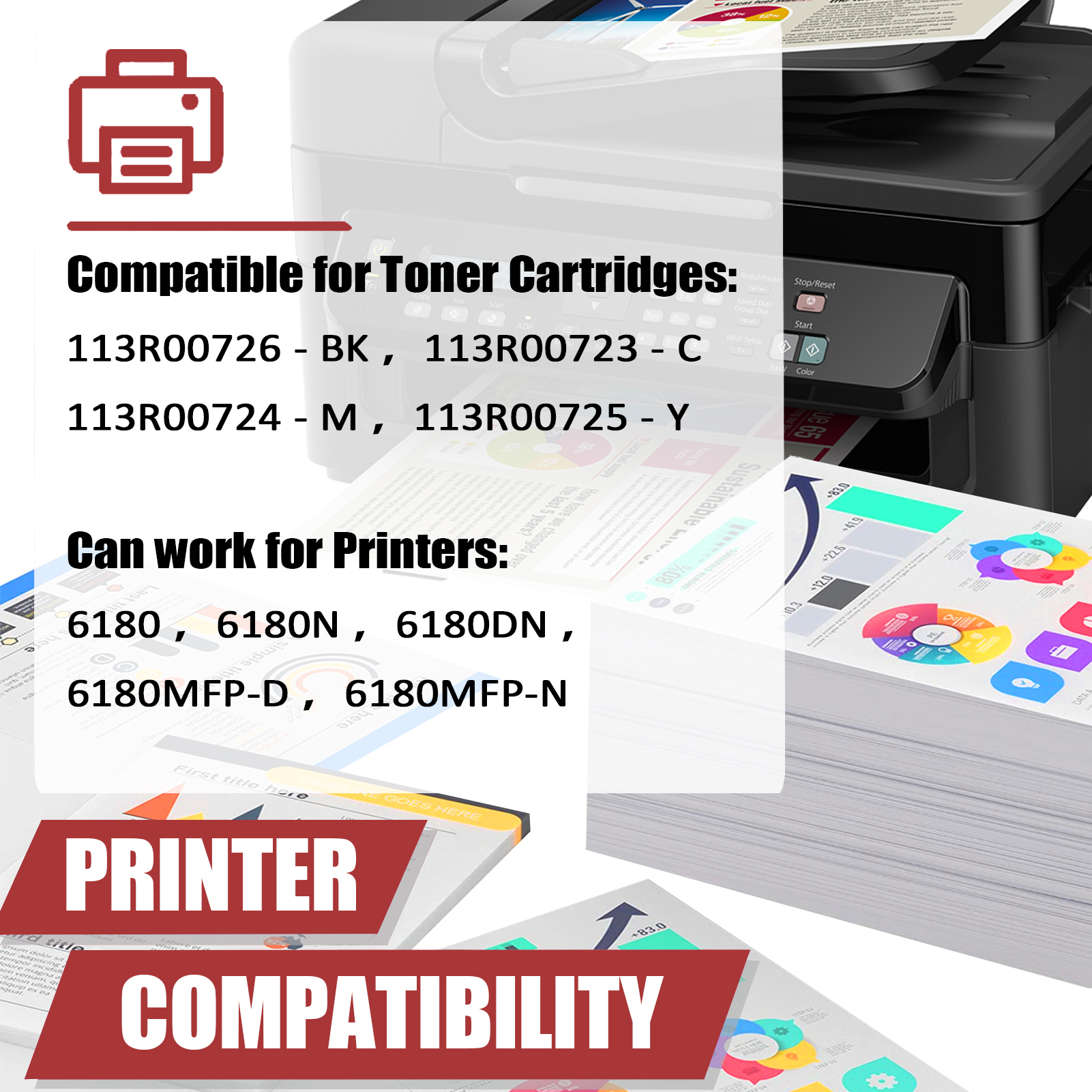 For Xerox 113R00726 113R00723 113R00724 113R00725 Toner Cartridge Work for Phaser 6180 6180N 6180DN 6180MFP-D 6180MFP-N Printers-PrintsBoost