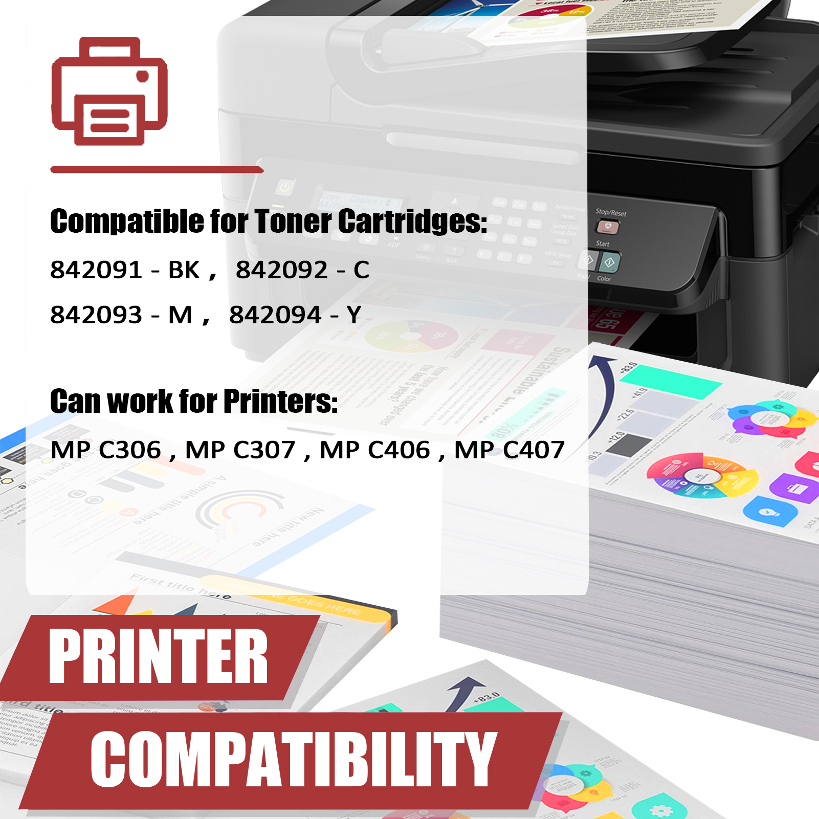 For Ricoh 842091 842092 842093 842094 Toner Cartridge Work for Ricoh MP C306 C307 C406 C407 Printers