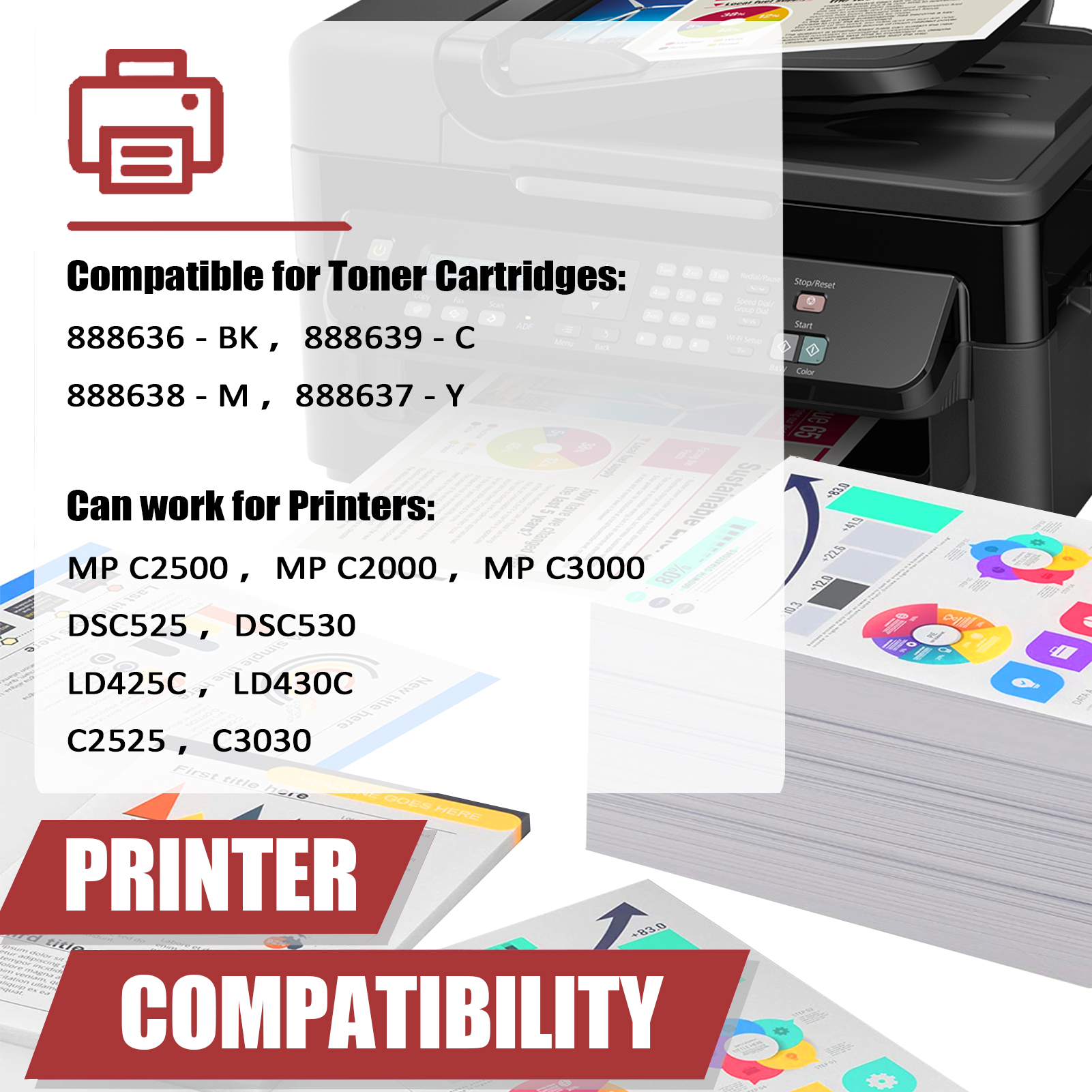 For Ricoh 888636 888639 888638 888637 Toner Cartridge Work for Ricoh Aficio MP C2500 MP C2000 MP C3000 Gestetner DSC525 DSC530 Lanier LD425C LD430C Savin C2525 C3030 Printers-PrintsBoost