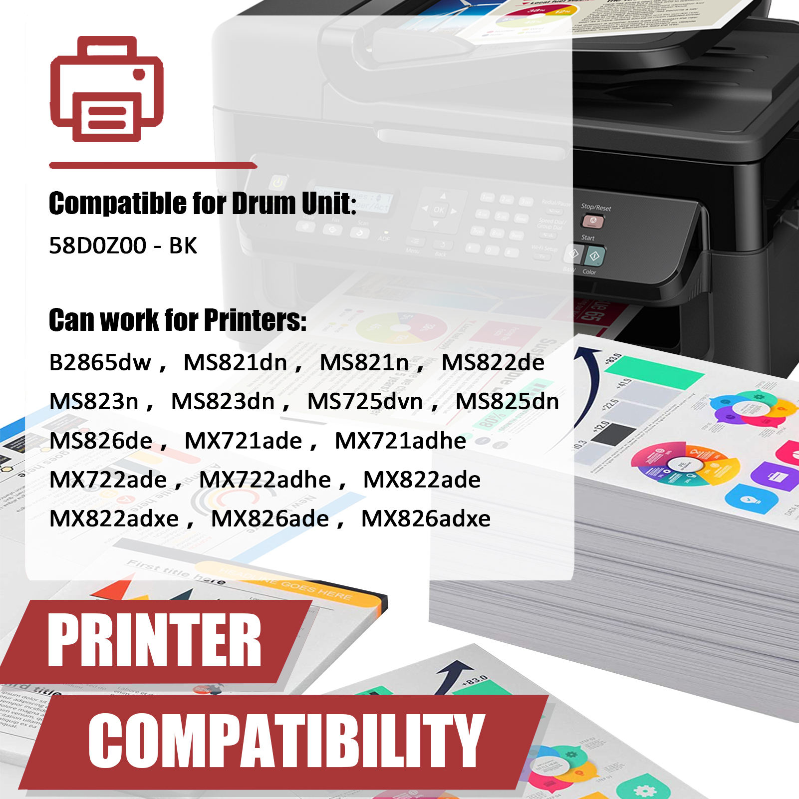 For Lexmark 58D0Z00 Imaging Drum Unit Work for Lexmark B2865 MS821 MS822 MS823 MS725 MS825 MS826 MX721 MX722 MX822 MX826 Printers