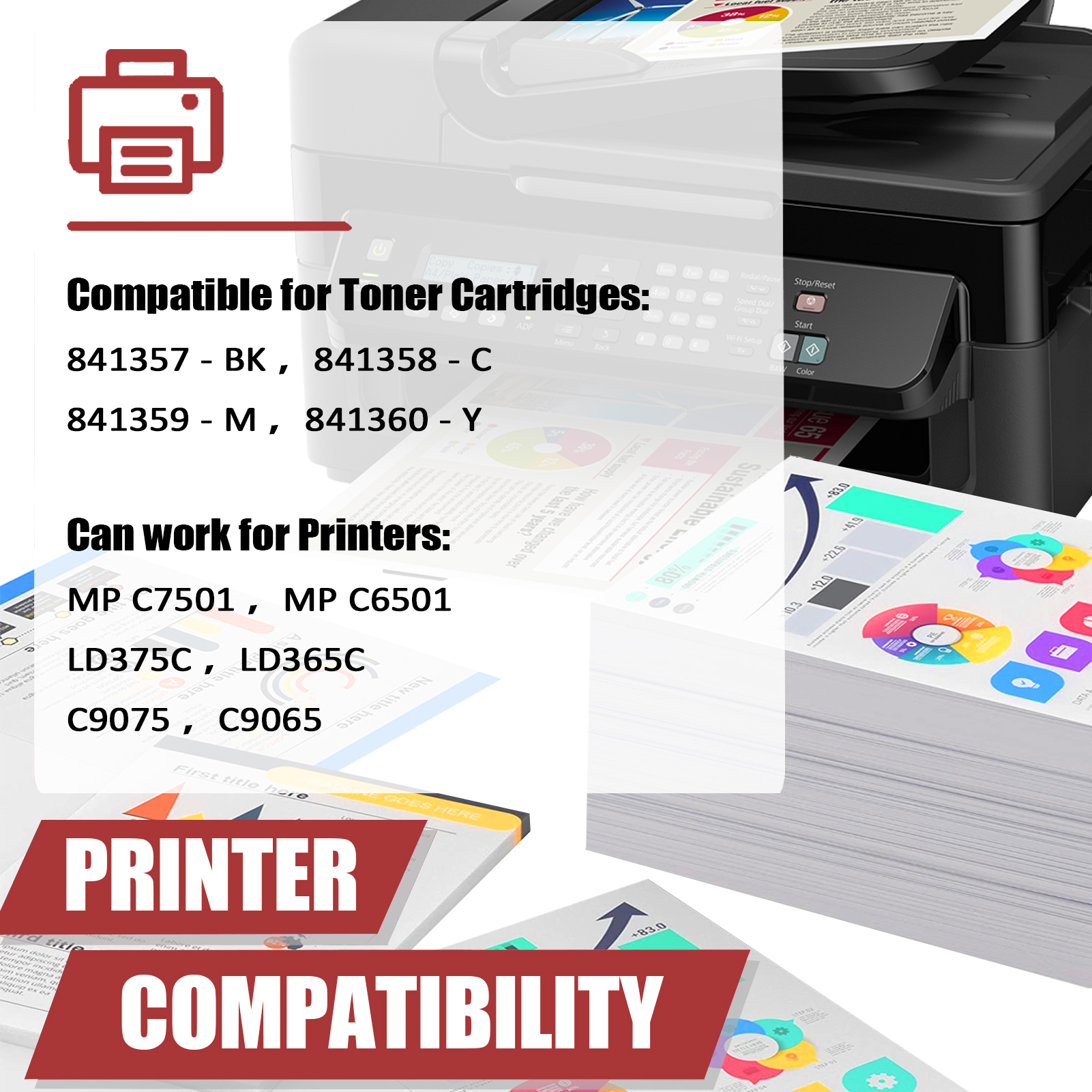 For Ricoh 841357 841358 841359 841360 Toner Cartridge Work for Ricoh MP C7501 C6501 LD375C LD365C C9075 C9065 Printers