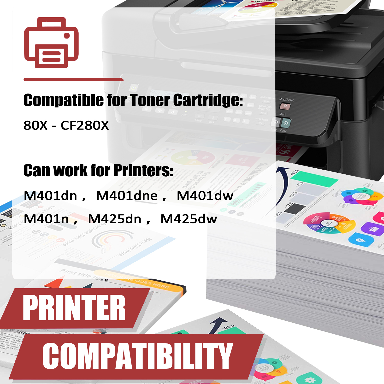 For HP 80X CF280X Toner Cartridge Work for HP LaserJet Pro M401dn M401dw M401n MFP M425dn M425dw Printers