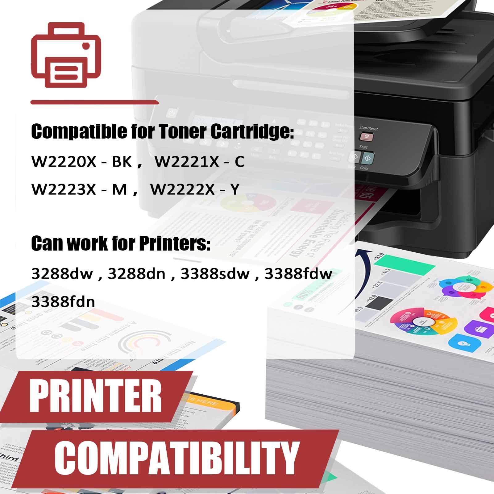 For HP 222X W2220X W2221X W2223X W2222X Toner Cartridge Work for HP Laserjet Pro 3288dw 3288dn MFP 3388sdw 3388fdw 3388fdn Printers