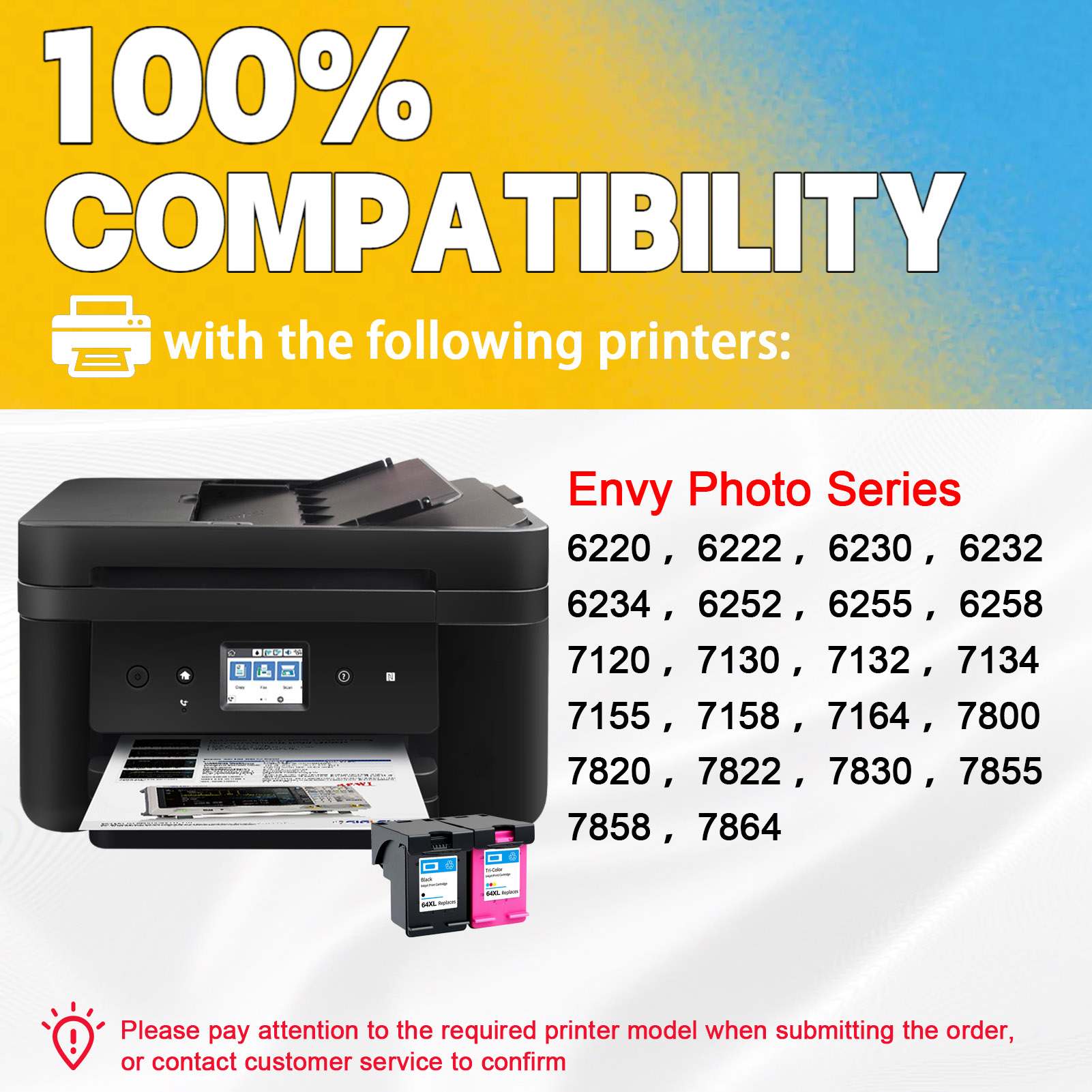 For HP 64XL Ink Cartridge Work for HP Envy Photo 6220 6222 6230 6232 6234 6252 6255 6258 7120 7130 7132 7134 Printers