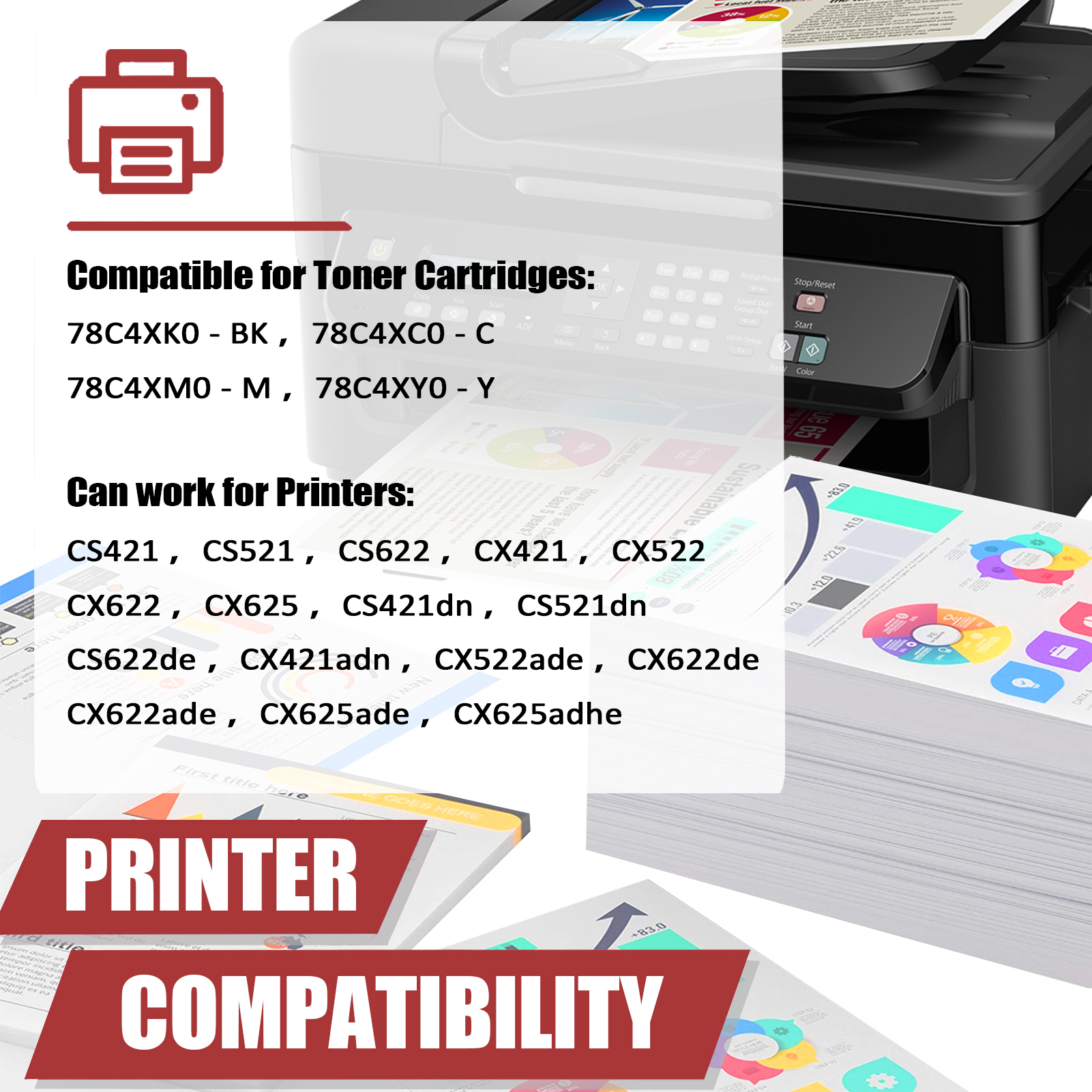 For Lexmark 78C4XK0 78C4XC0 78C4XM0 78C4XY0 Toner Cartridge Work for Lexmark CS421 CS521 CS622 CX421 CX522 CX622 CX625 Printers