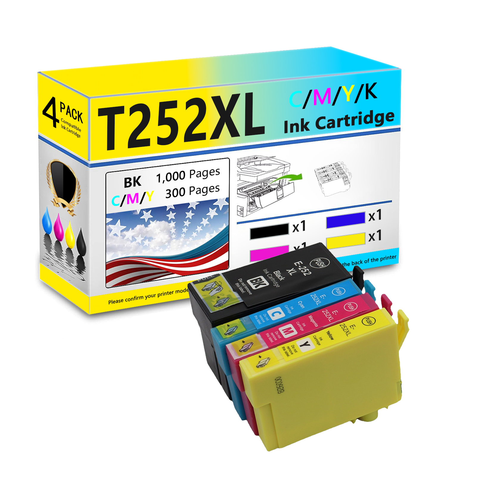 T252XL Ink Cartridges Work for Epson WF-3620 WF-3640 WF-7110 WF-7210 WF-7610 WF-7620 WF-7710 WF-7720 Printers