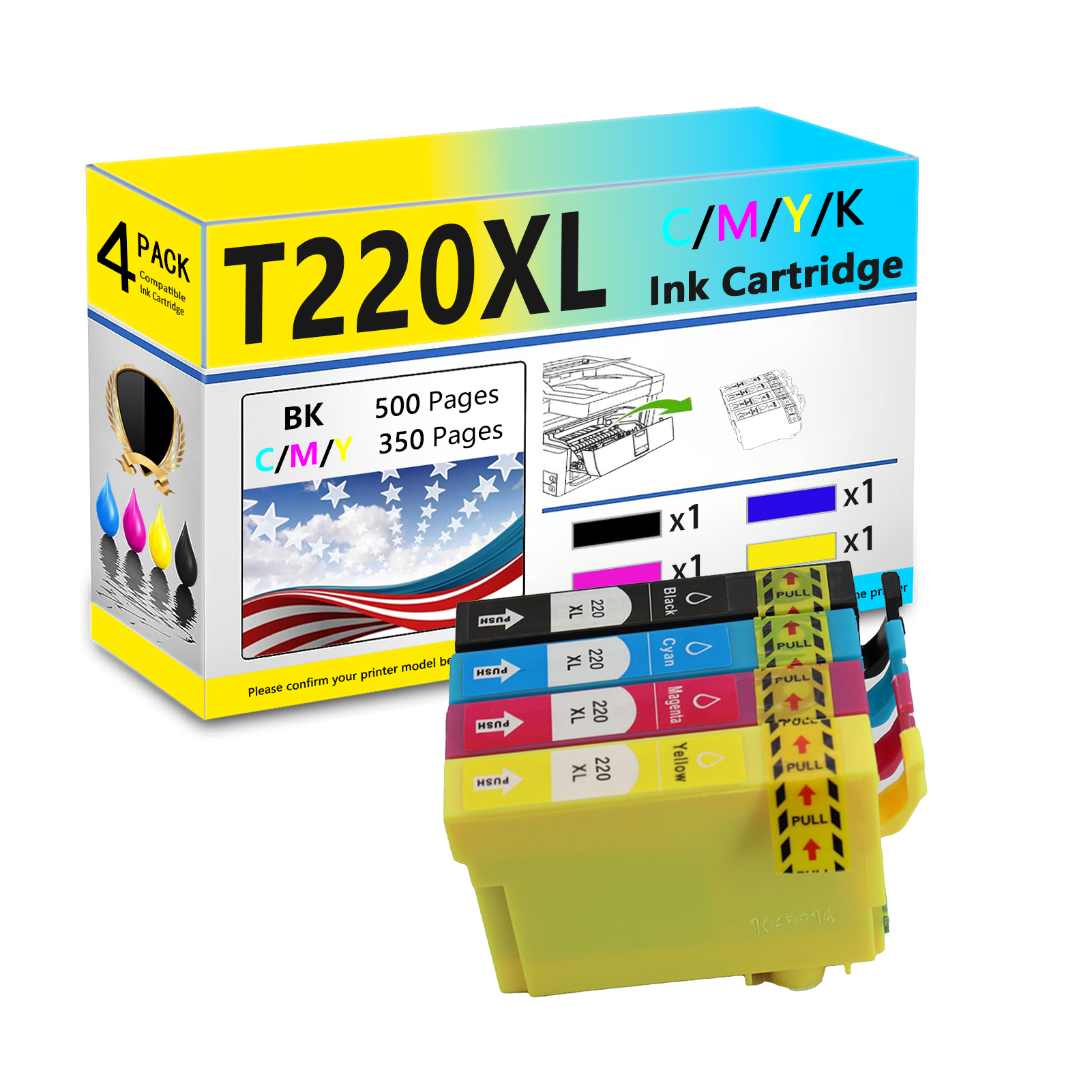 T220XL Ink Cartridges Work for Epson Expression XP-320, XP-420, XP-424 WorkForce WF-2630, WF-2650, WF-2660, WF-2750, WF-2760 Printers