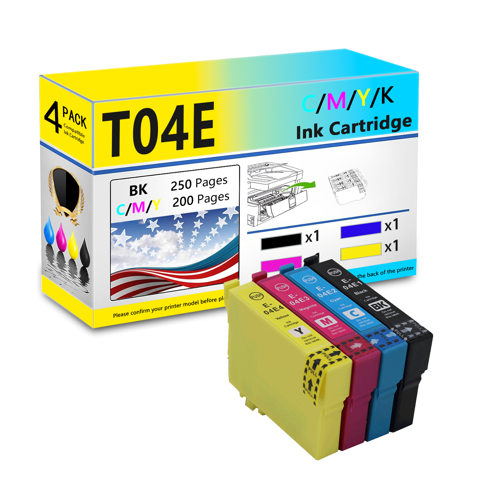 T04E Ink Cartridges Work for Epson Expression XP-2101 XP-4101 WorkForce WF-2831 WF-2851 Printers