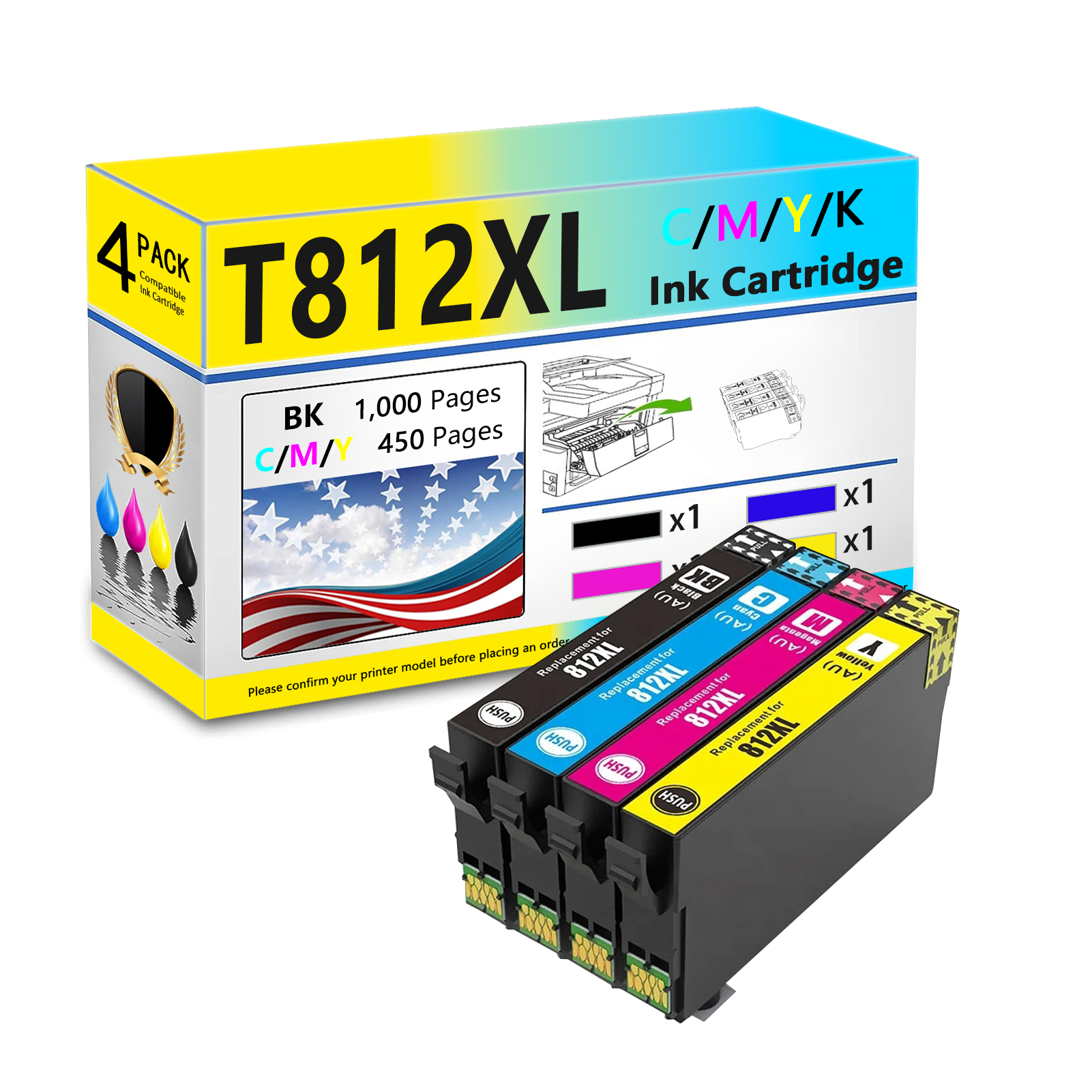 T812XL Ink Cartridges Work for Epson WorkForce EC-C7000 WorkForce Pro WF-7310 WF-7820 WF-7840 WF-3820 WF-3825 WF-4830 WF-4835 WF-7830 WF-7850 Printers